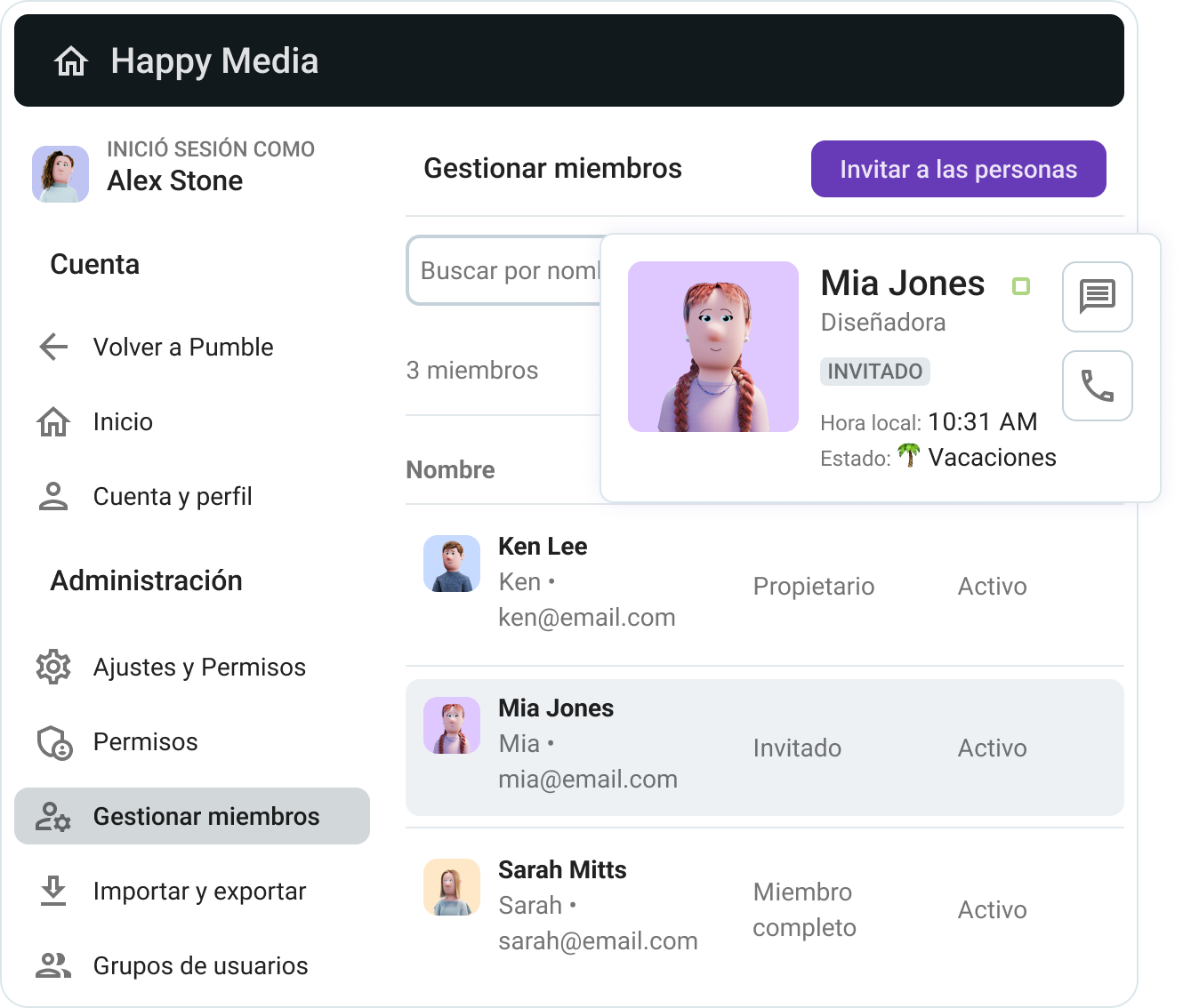 Gestiona miembros del equipo e invitados en Pumble