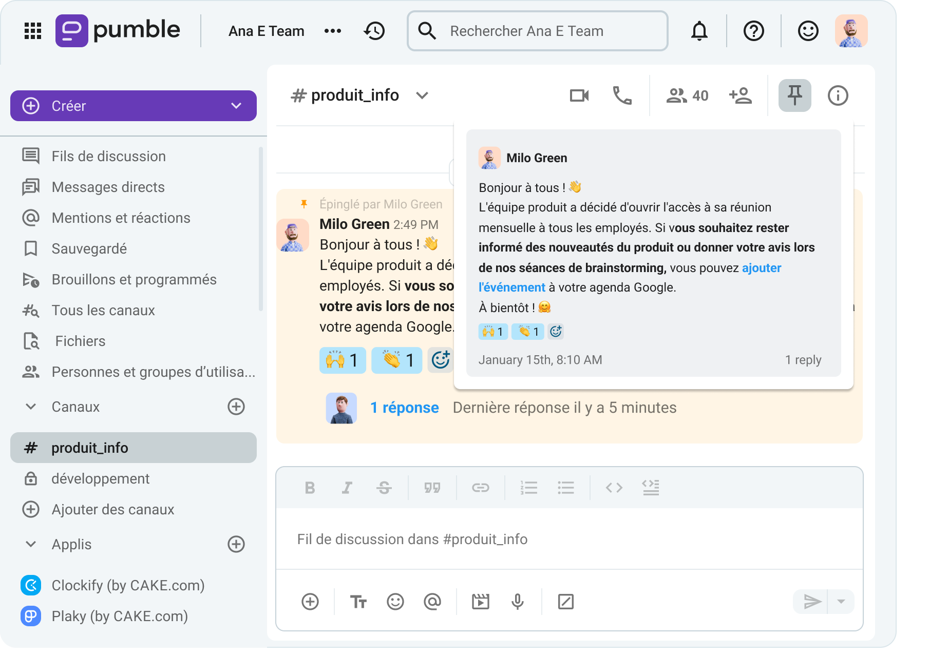 Un message épinglé sur Pumble, l'application de messagerie professionnelle