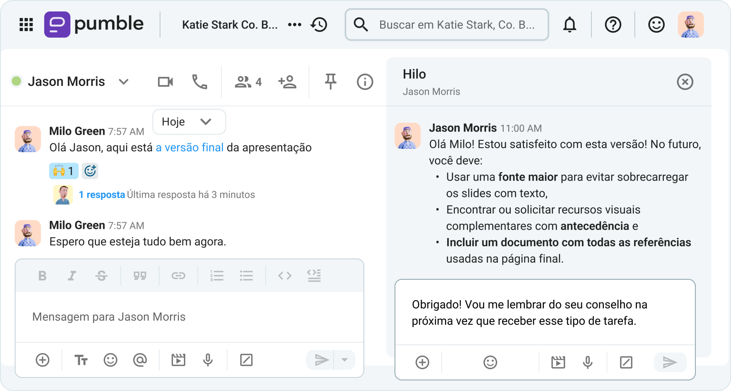 Dar e receber feedback no Pumble, um aplicativo de mensagens comerciais.