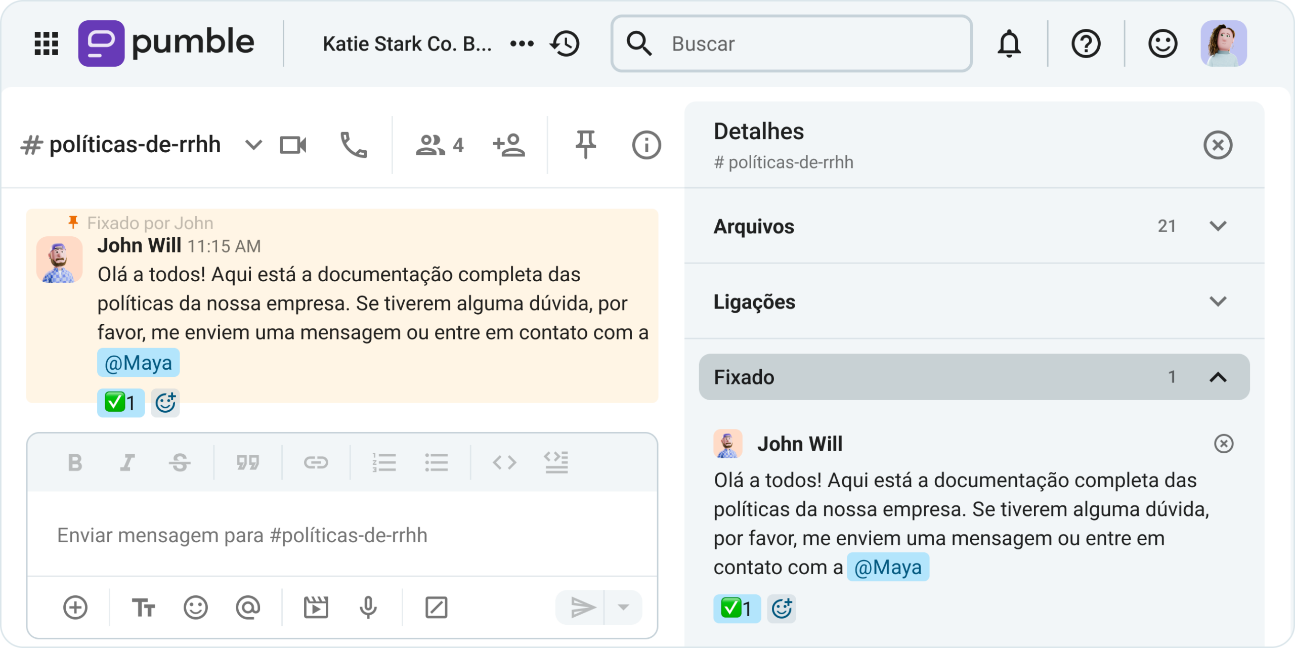 O canal #politicas-de-hr detalha arquivos e mensagens fixadas no Pumble, o aplicativo de comunicação da equipe