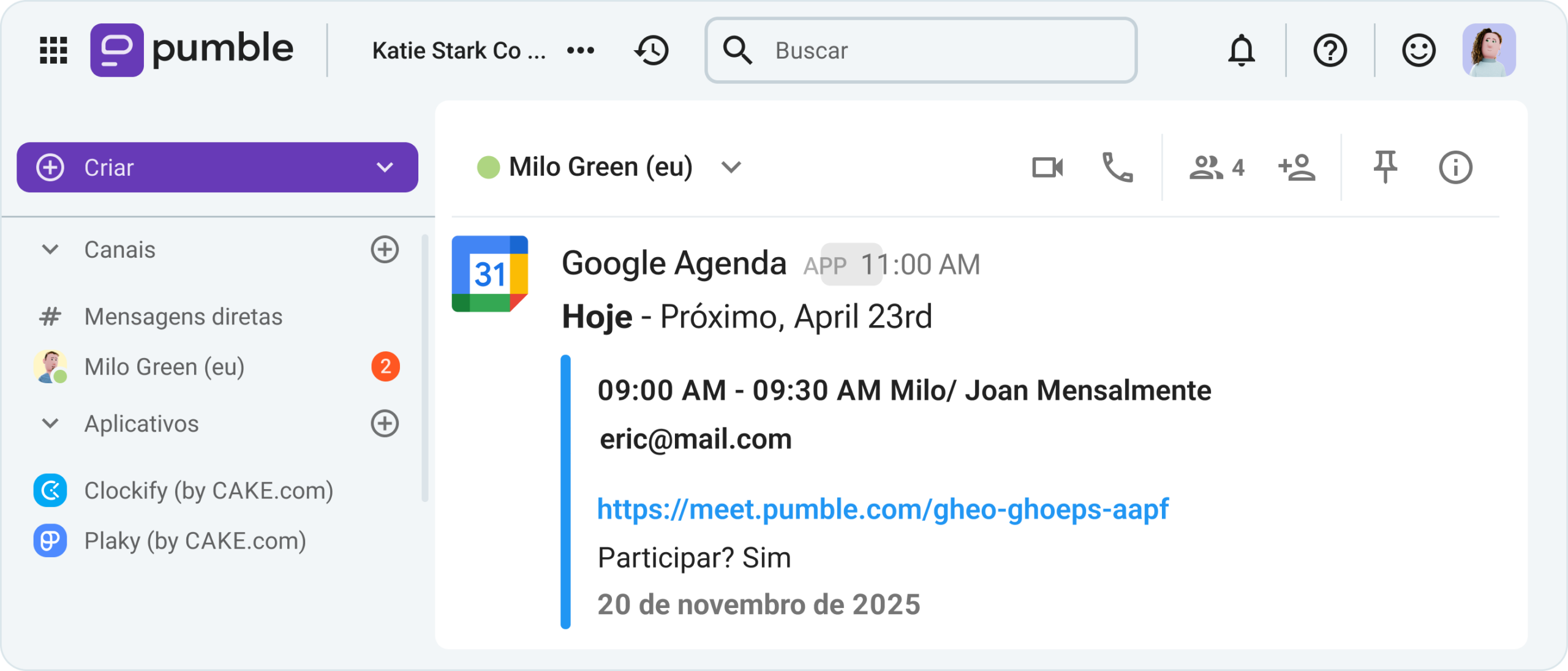 A integração do Google Agenda no Pumble, o aplicativo de colaboração empresarial