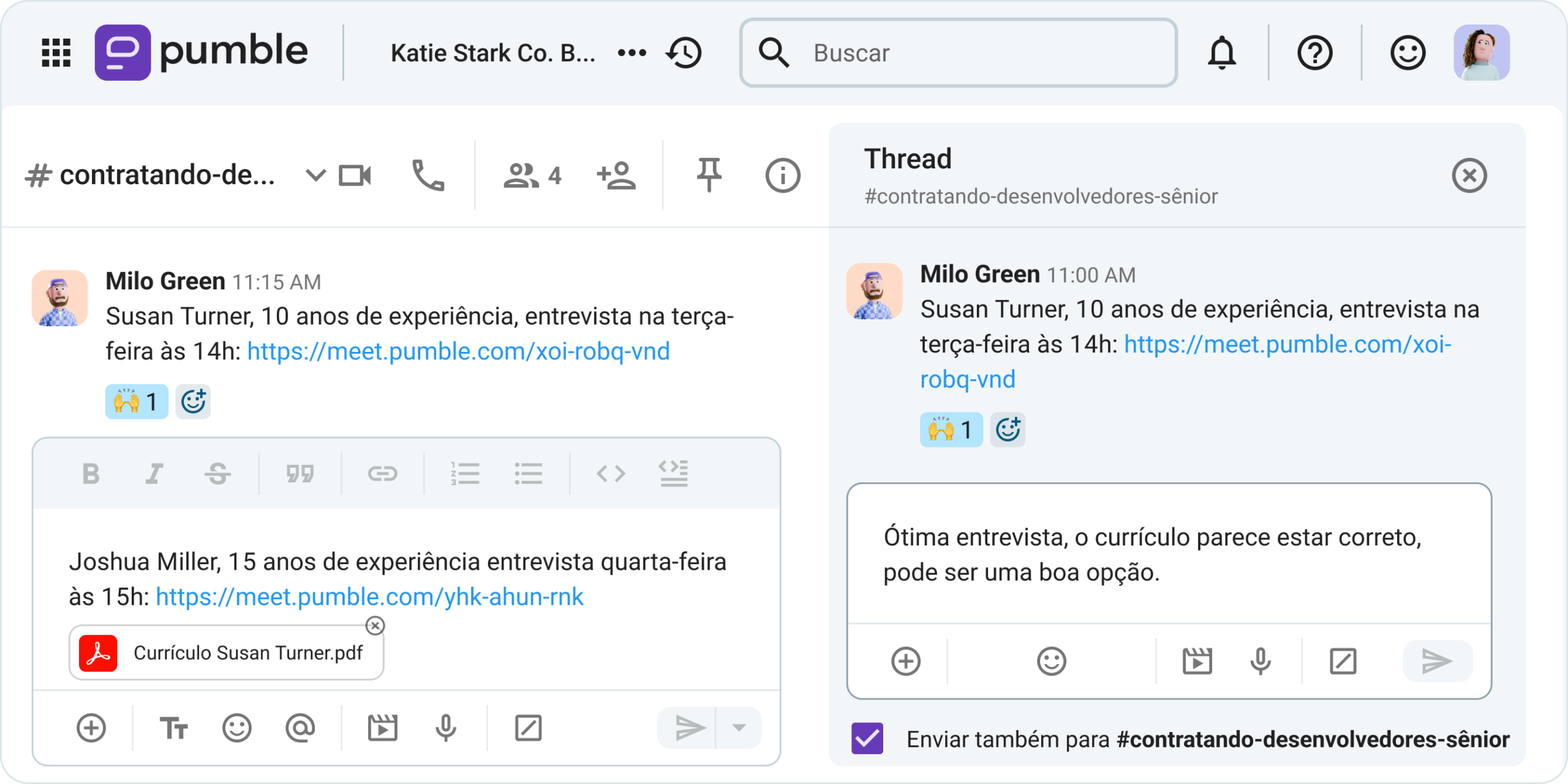 Canais, threads, links para reuniões e compartilhamento de arquivos no Pumble, o aplicativo de comunicação empresarial