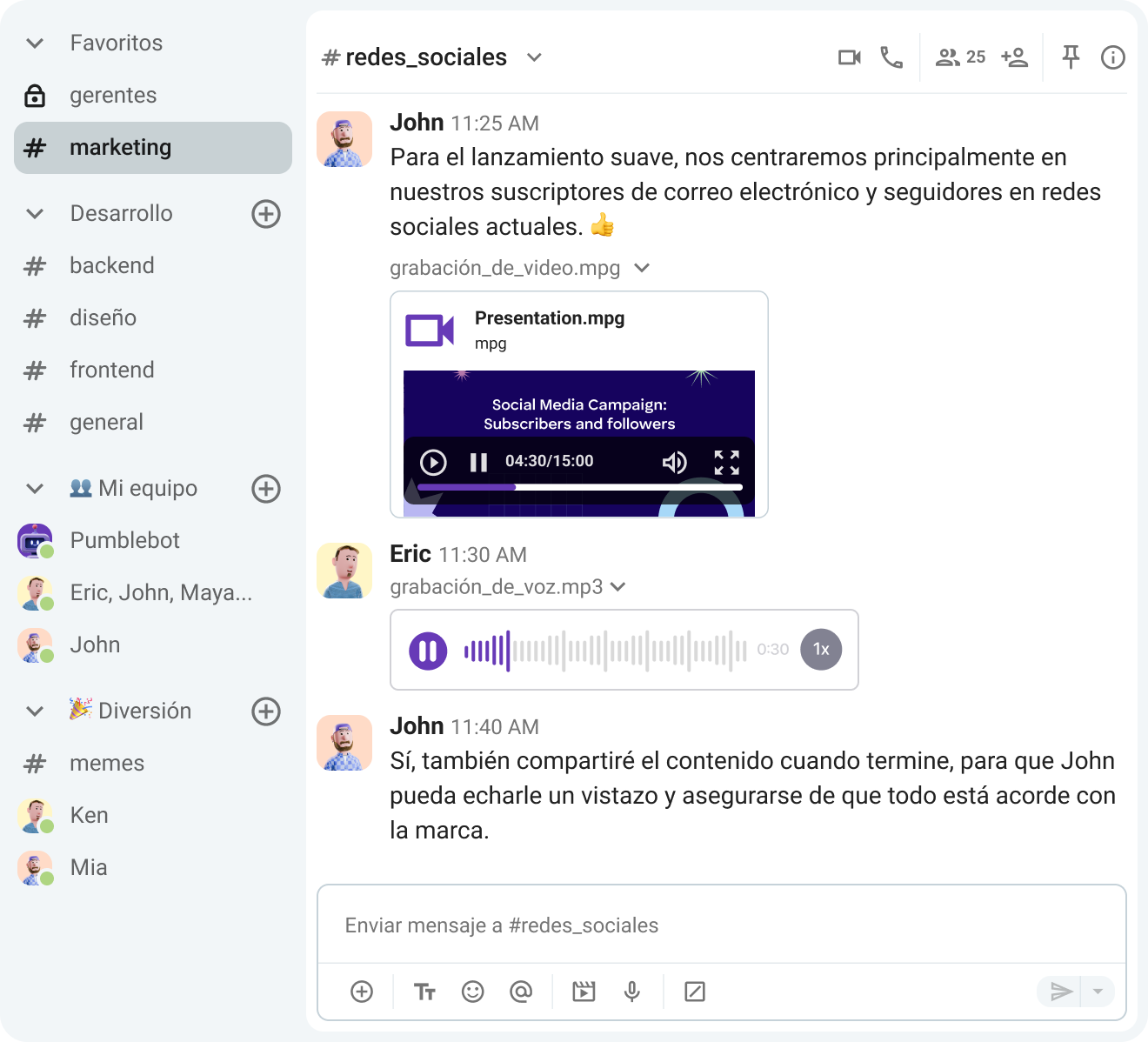 La grabación y el envío de mensajes de voz de Pumble son a solo un par de clic de distancia