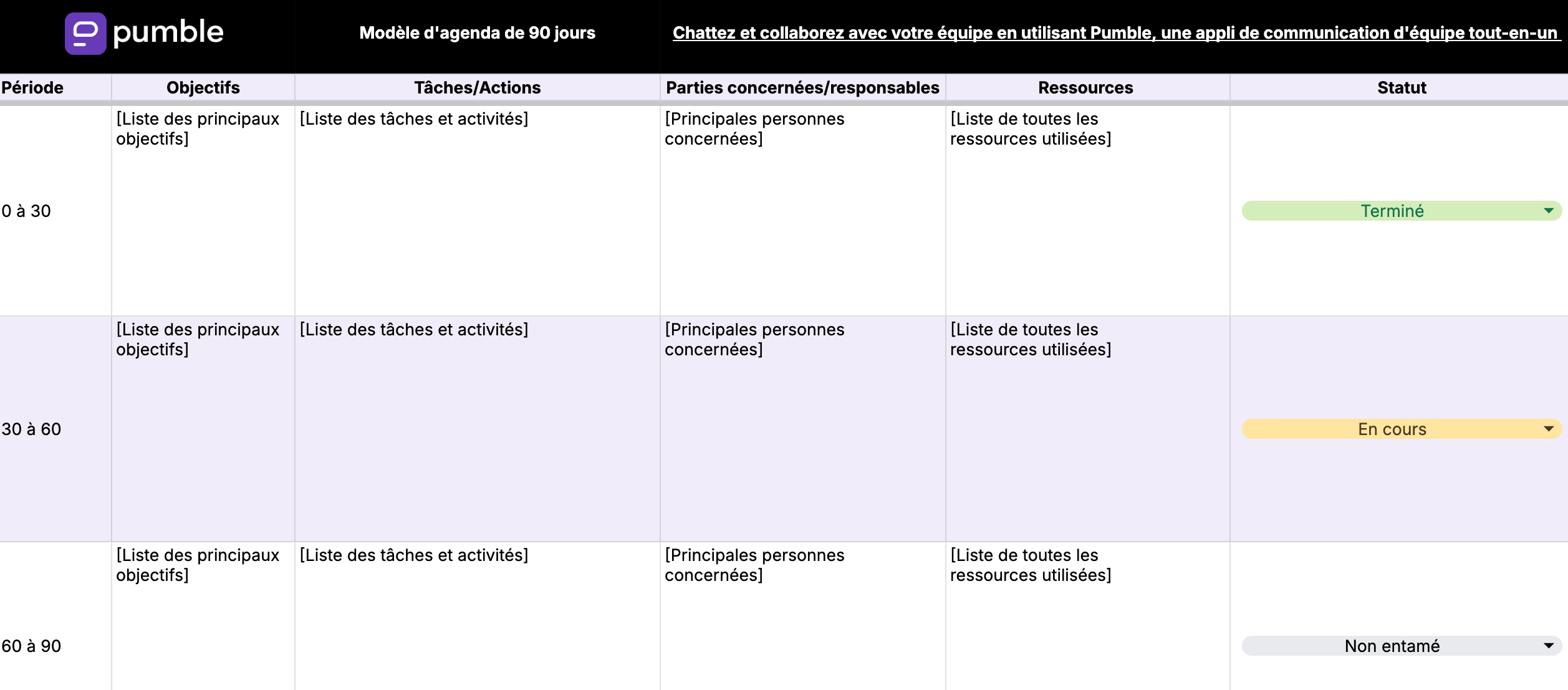 Modèle d'agenda de 90 jours de Google Sheets