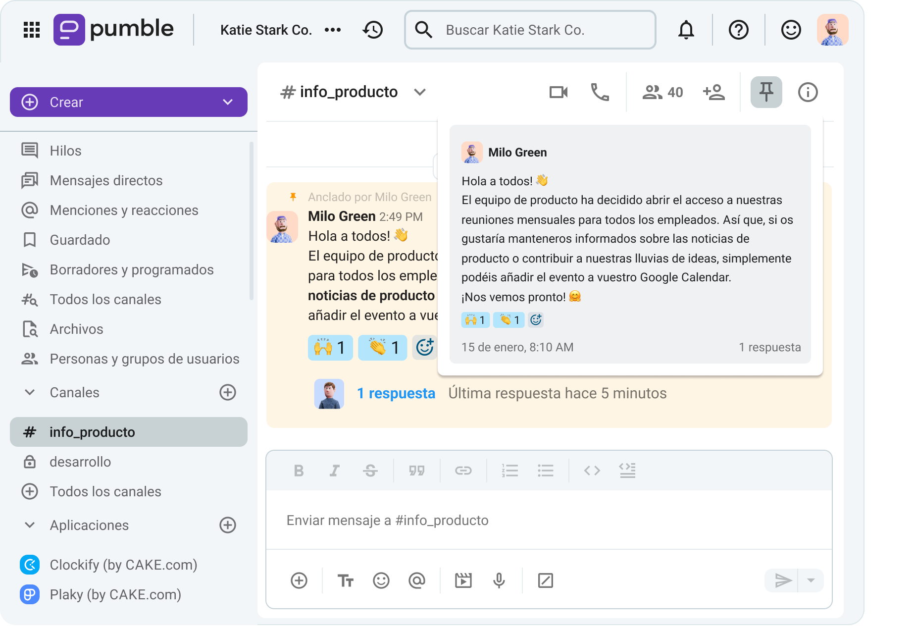 Un mensaje anclado en Pumble, una aplicación de mensajería empresarial