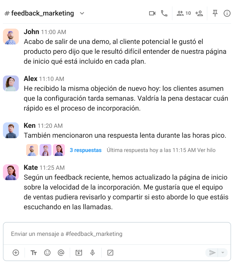 Usa canales y hilos para compartir feedback de las llamadas de ventas