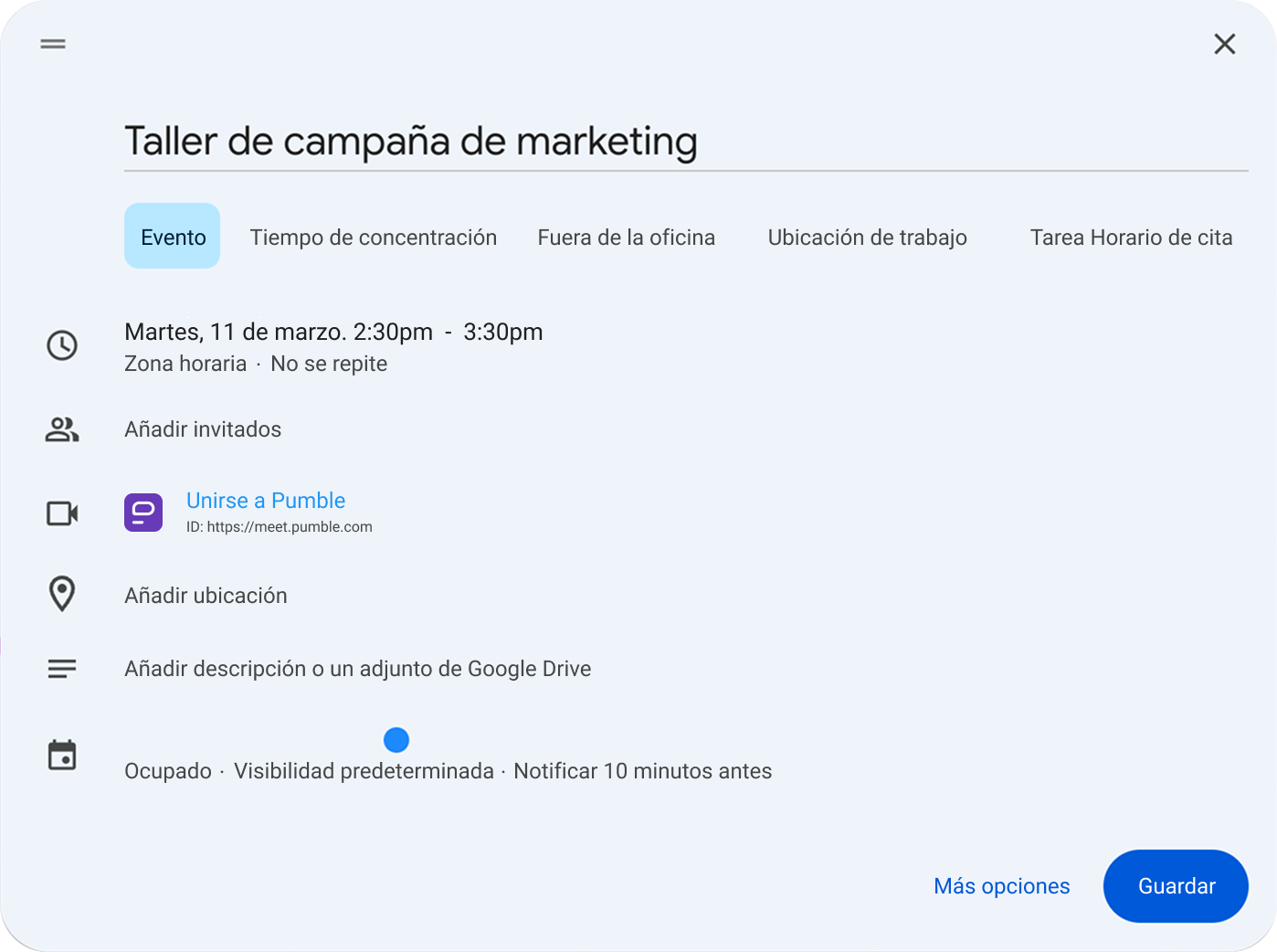 Planificación de reunión de Pumble en Google Calendar