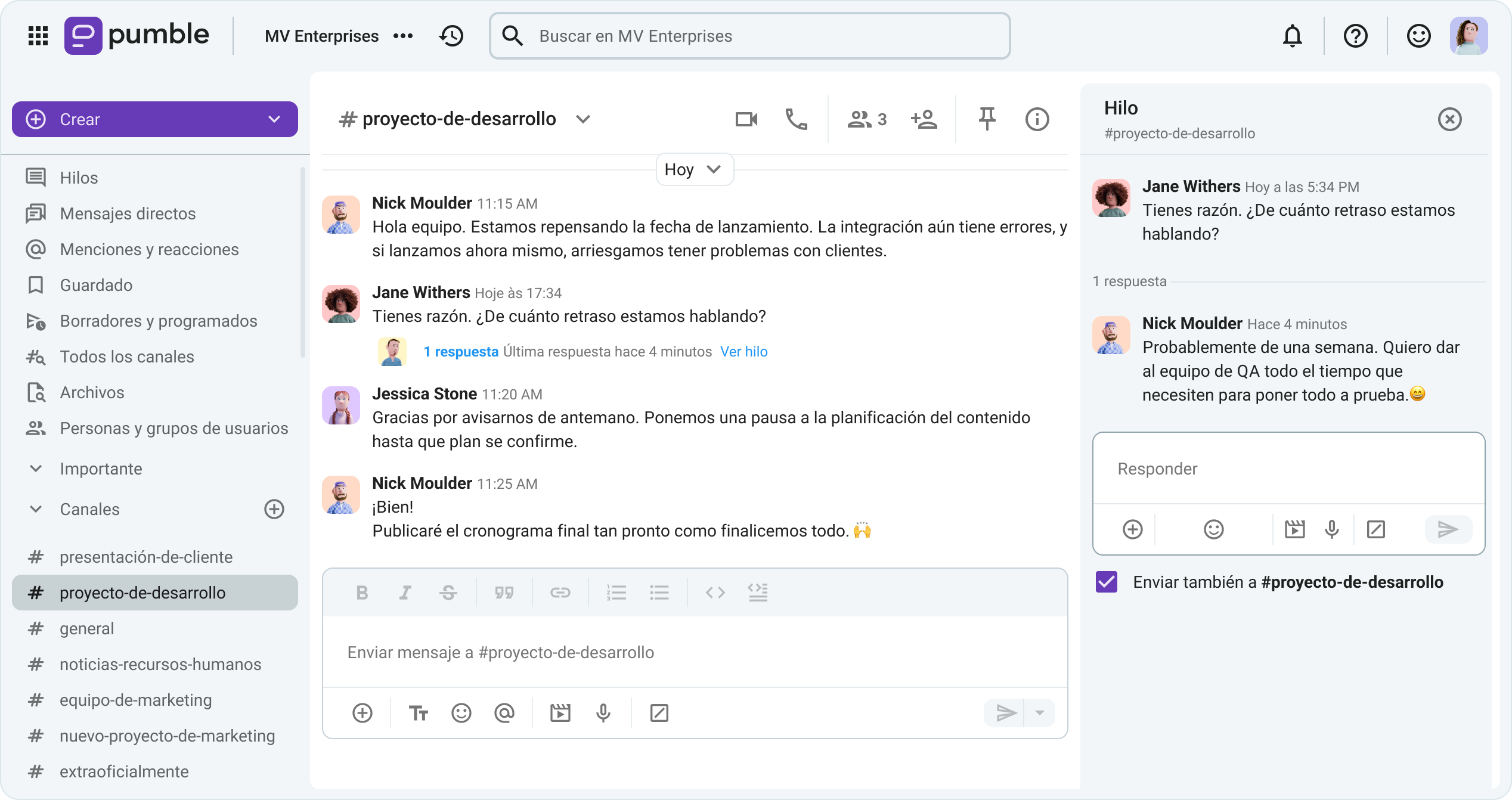 Estructura flujos de trabajo ágiles y ceremonias scrum en torno a los canales e hilos