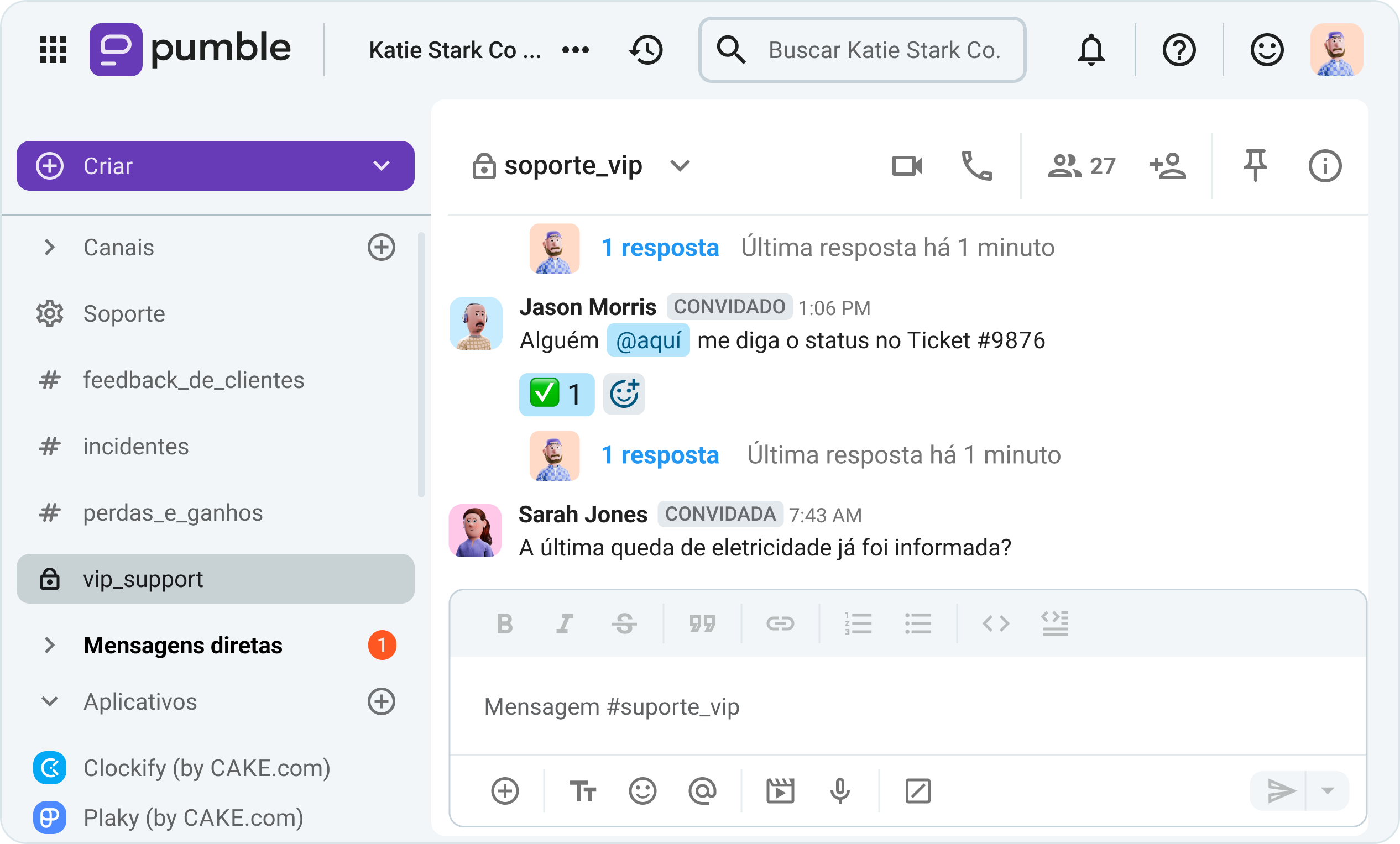 O canal #suporte_vip para convidados de canal único no Pumble, um aplicativo de mensagens comerciais