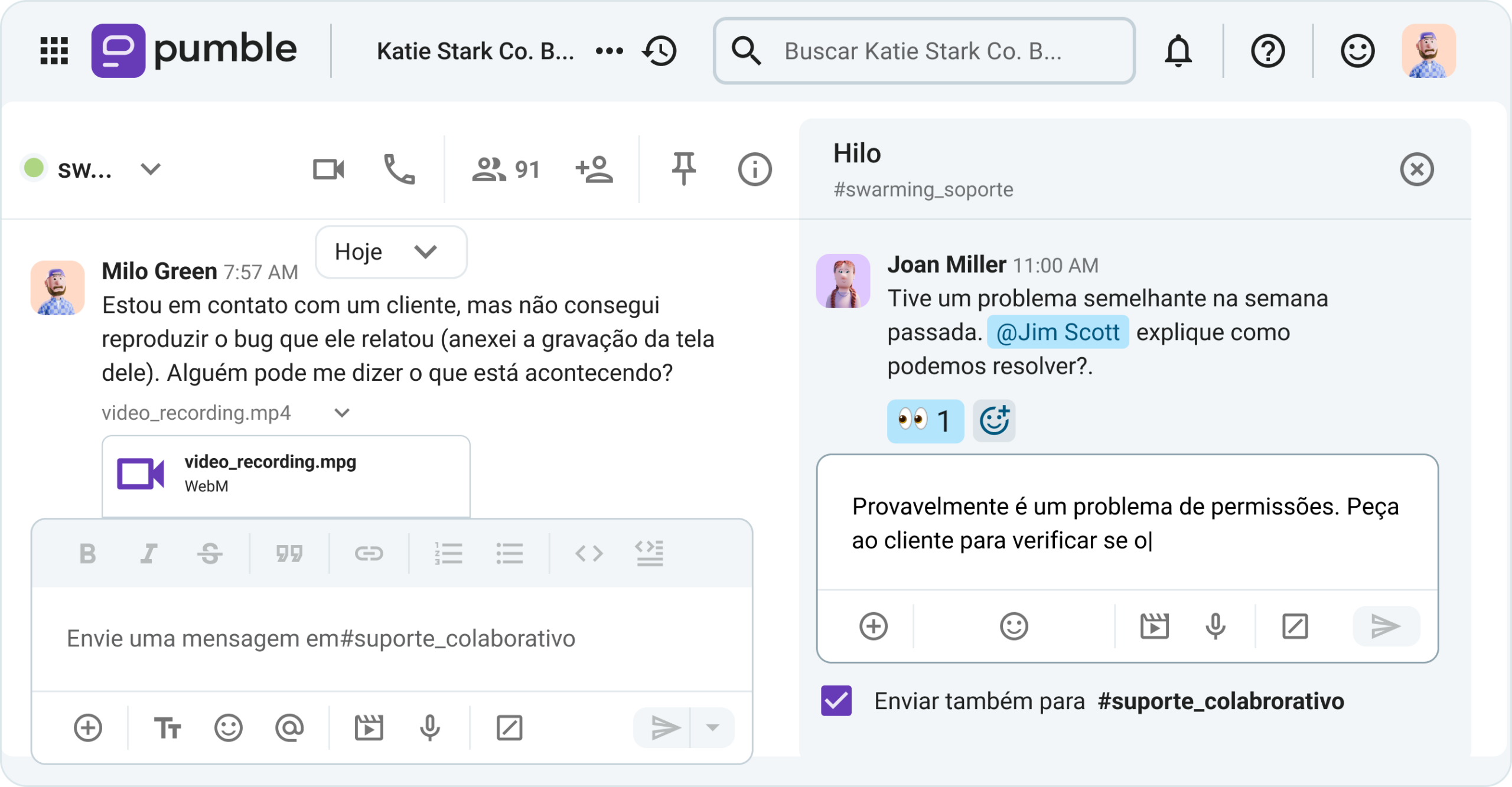 Um exemplo de gerenciamento do método colaborativo no Pumble, um aplicativo de mensagens comerciais.