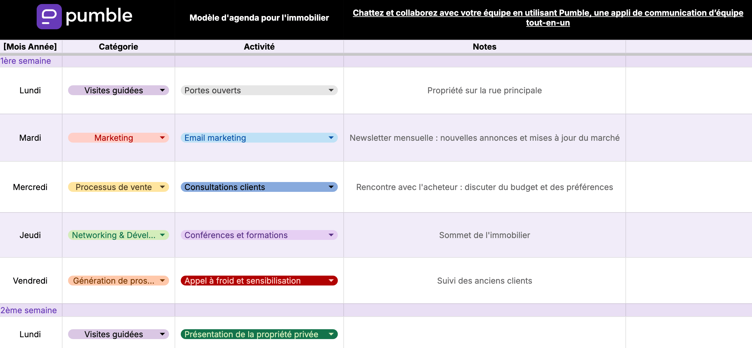 Modèle d'agenda pour l'immobilier Google Sheets