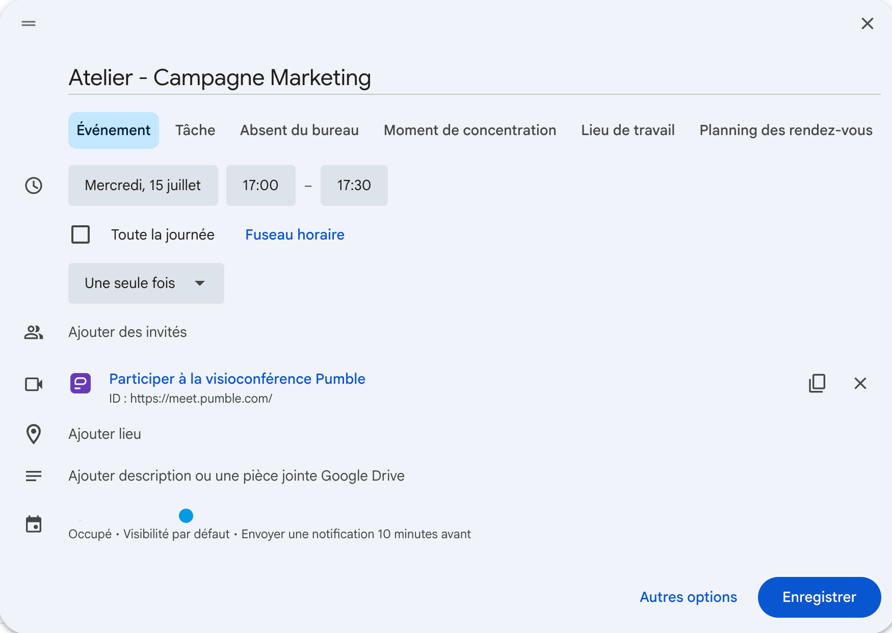 Planification d'une réunion Pumble dans Google Agenda