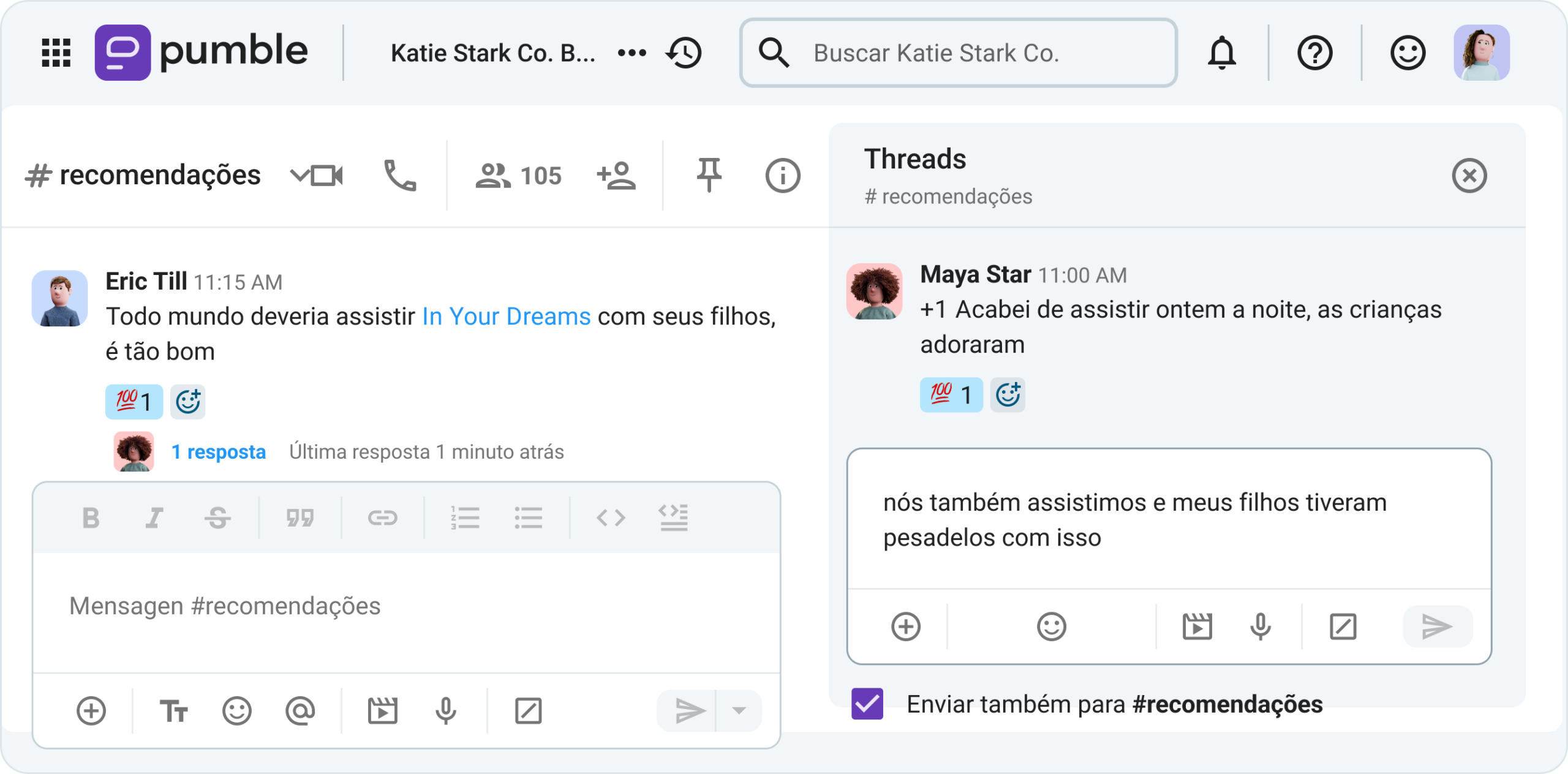 Compartilhando recomendações no Pumble, o aplicativo de comunicação empresarial.