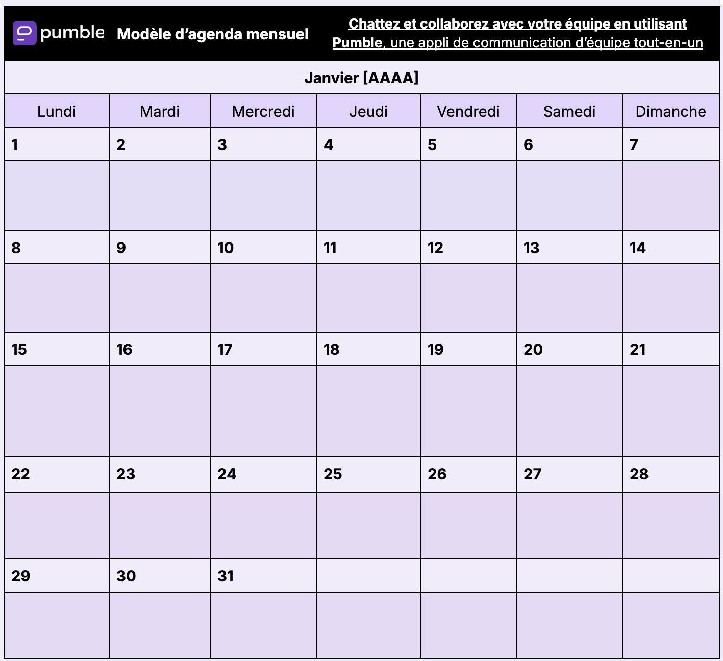 Modèle d'agenda mensuel de Google Docs