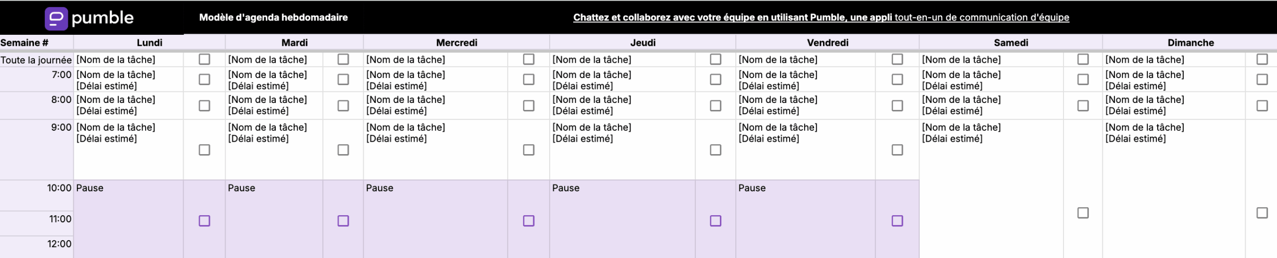Modèle d'agenda mensuel de planification de projet de Google Sheets