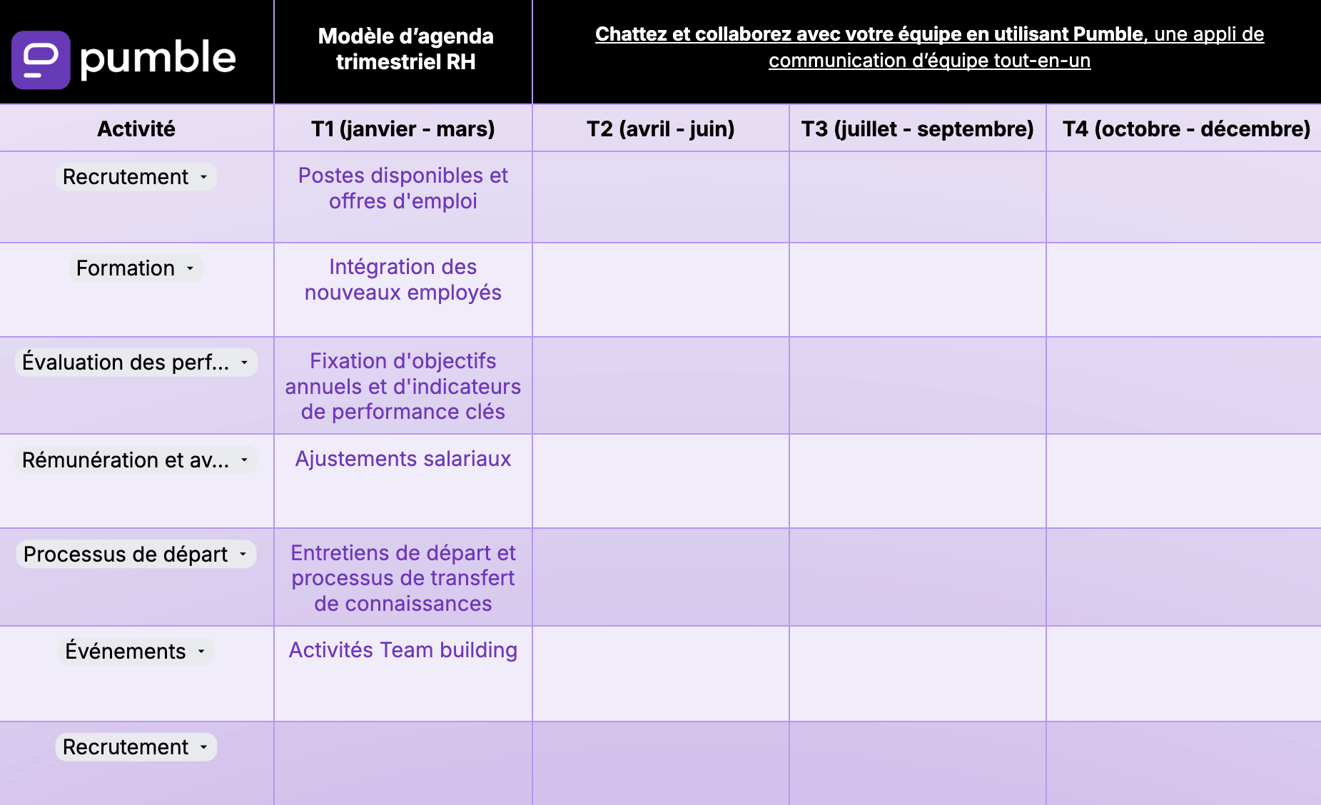Modèle d'agenda trimestriel RH de Google Docs