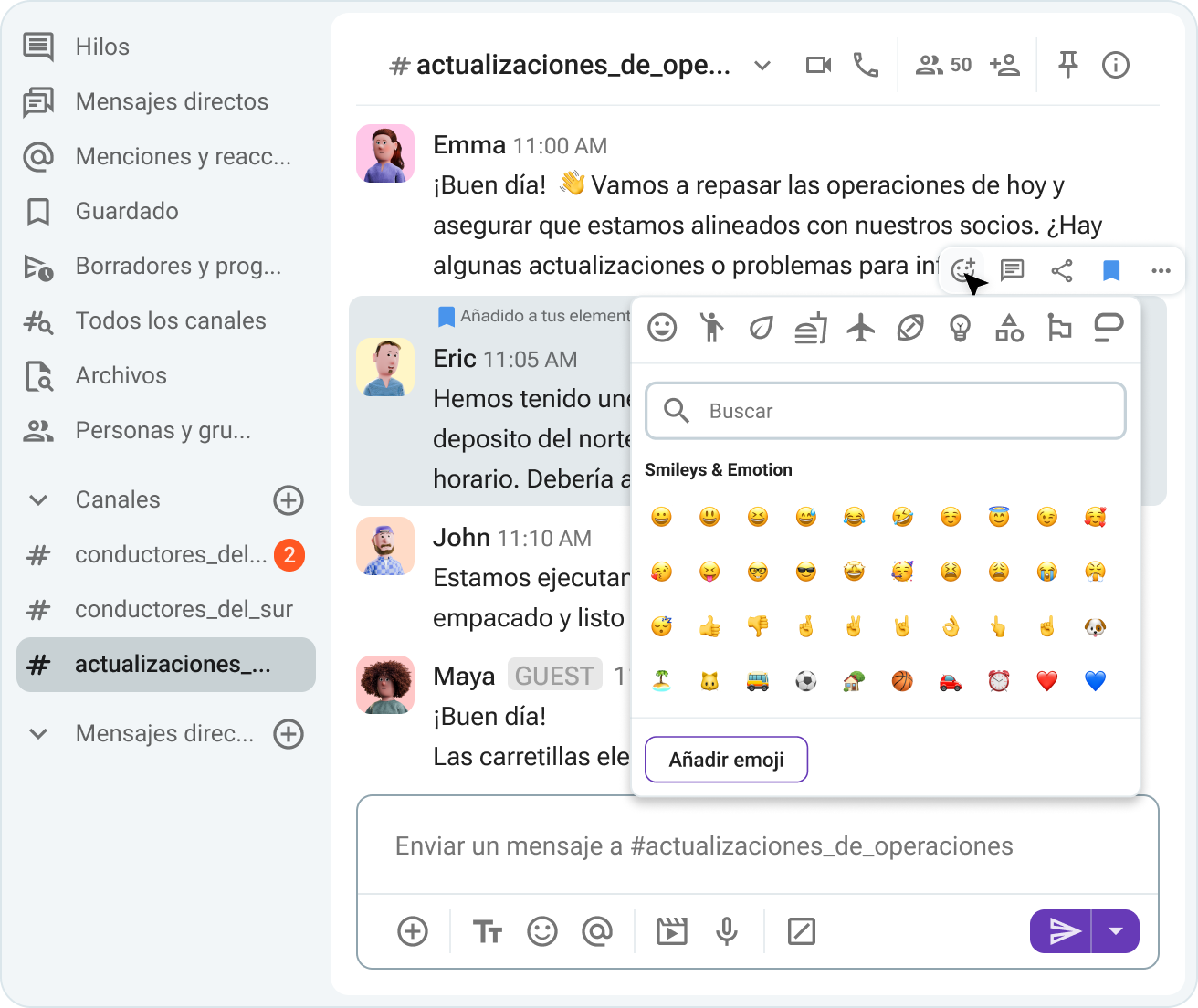 Reacciona a mensajes con emojis para animar a tus compañeros del equipo
