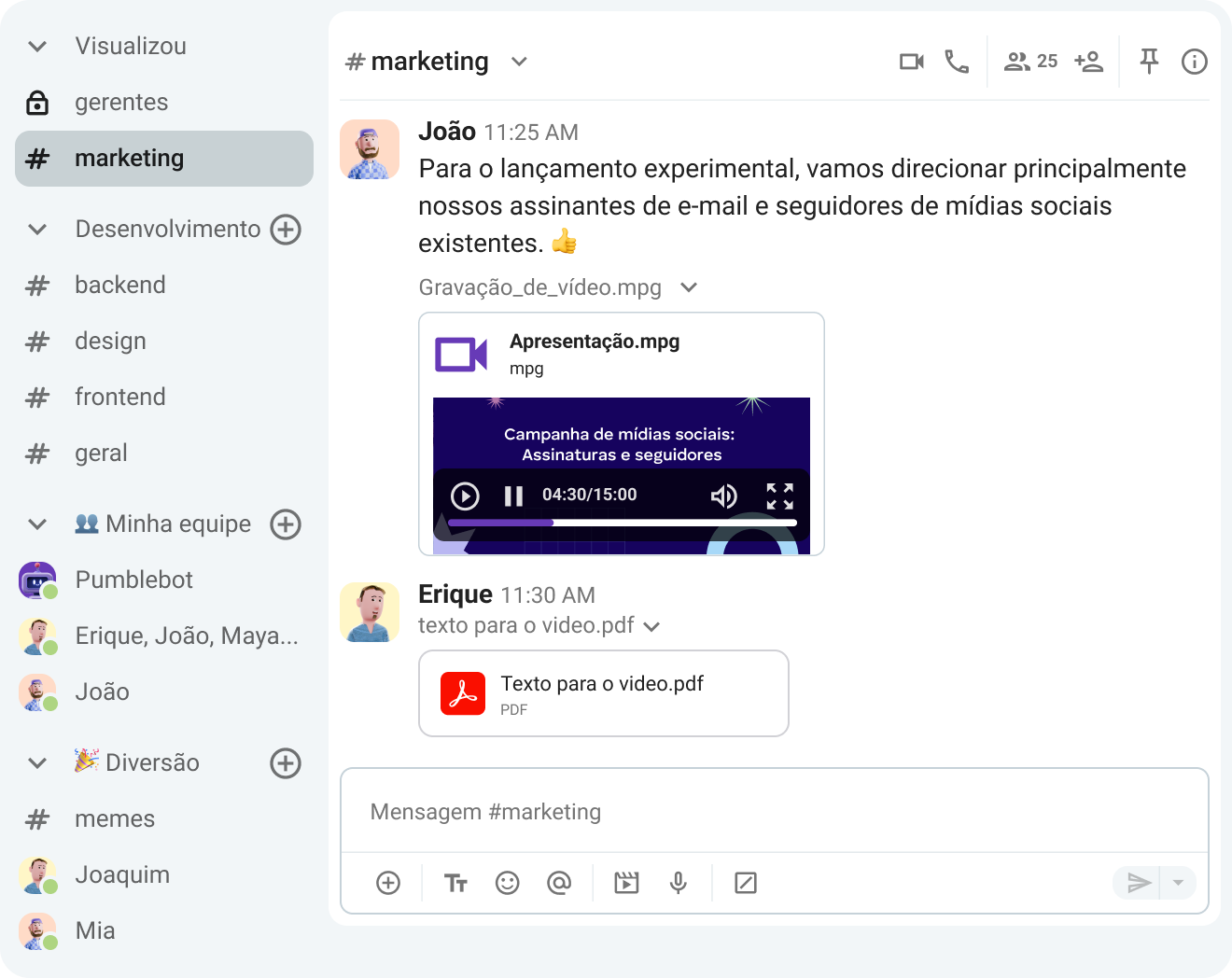 Agrupe conversas por projeto, campanha ou lançamento com os canais do Pumble