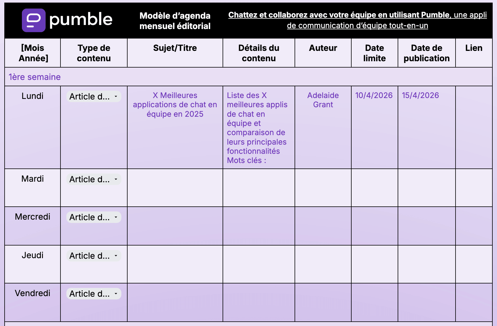 Modèle d'agenda mensuel éditorial mensuel de Google Docs