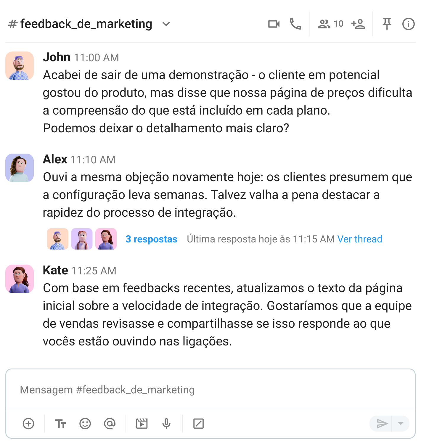 Use canais e threads para compartilhar feedback de ligações de vendas