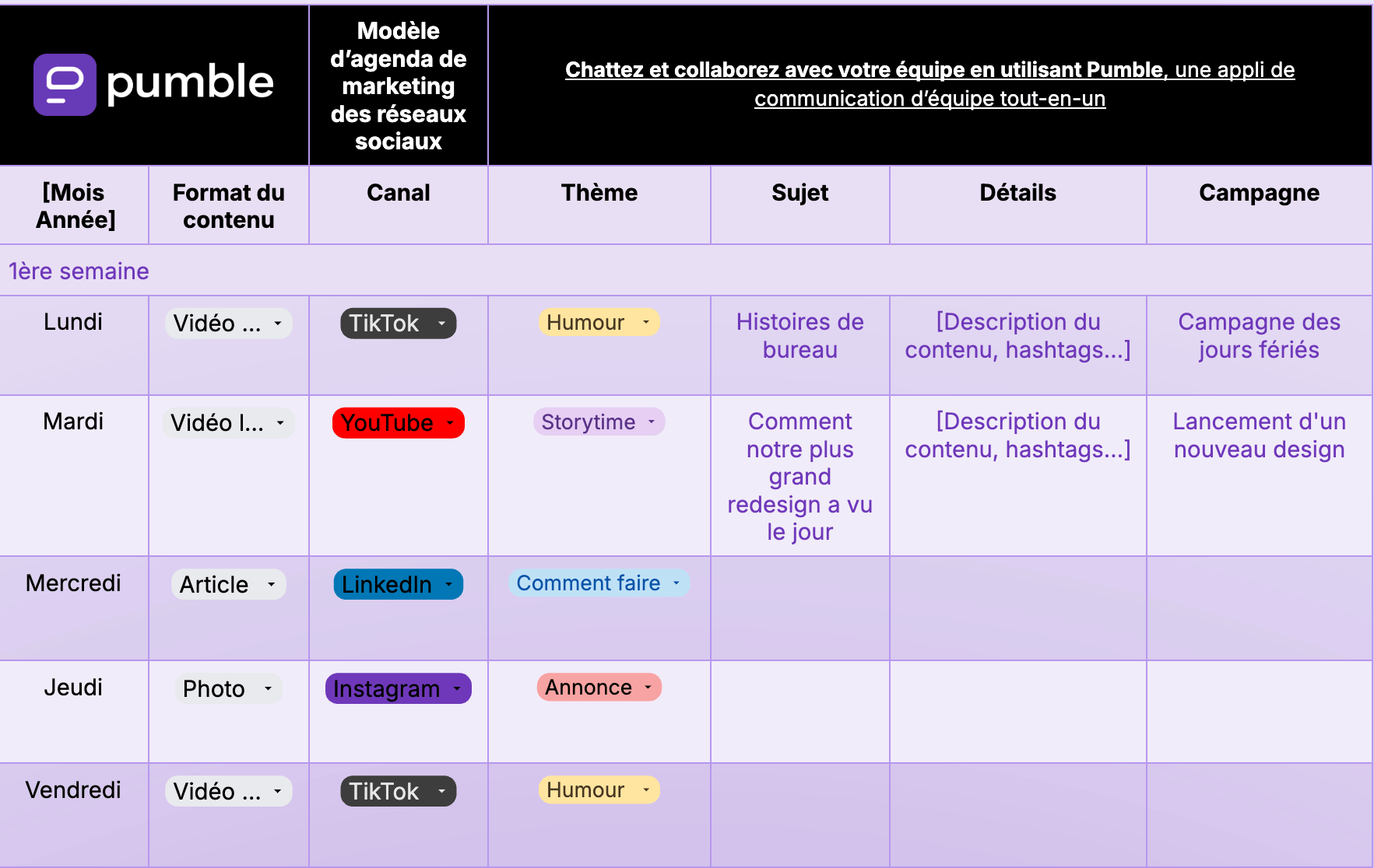 Modèle d'agenda de marketing pour le contenu des réseaux sociaux dans Google Docs
