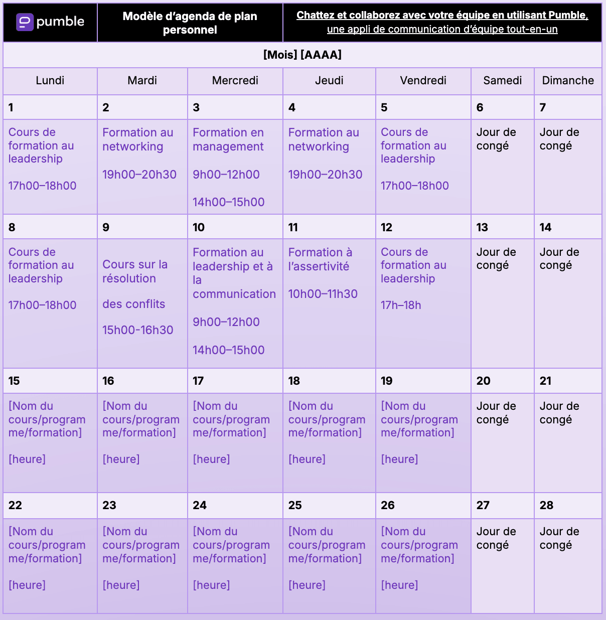 Modèle d'agenda de plan personnel Google Docs