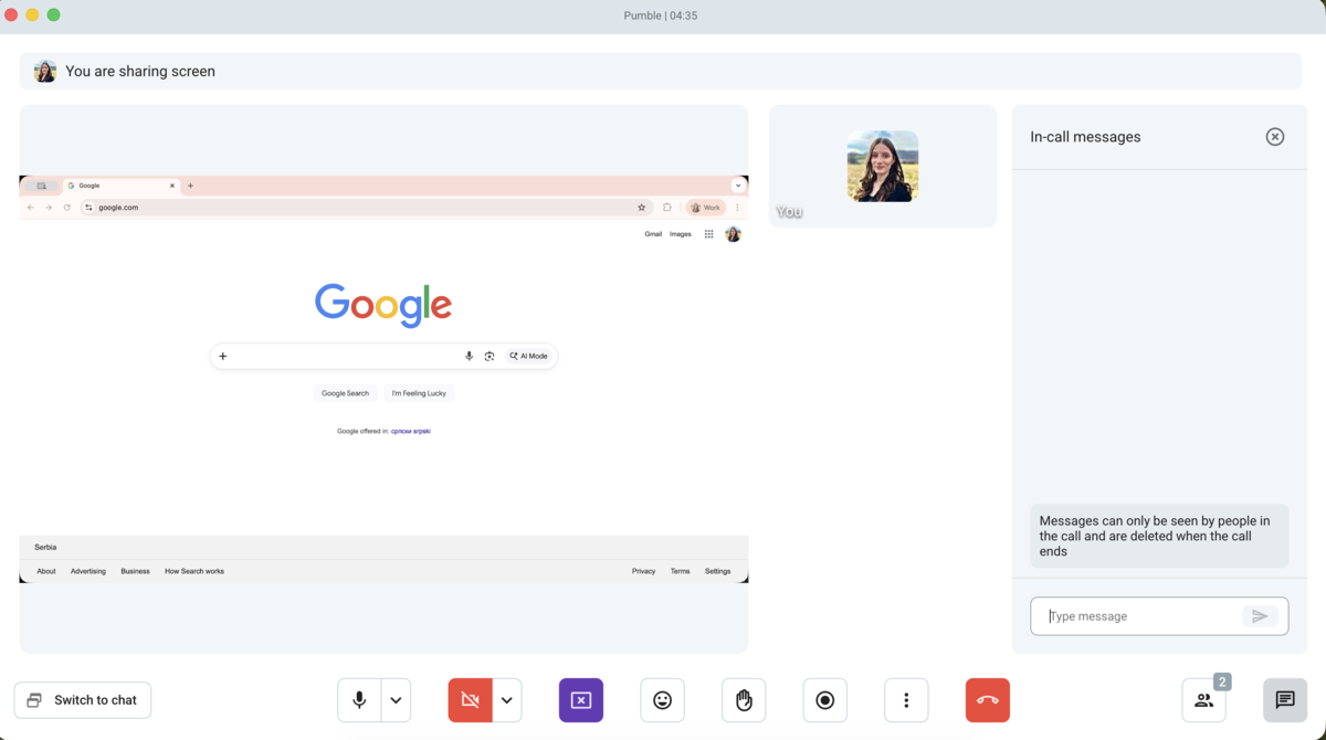 Partage d'écran dans Pumble
