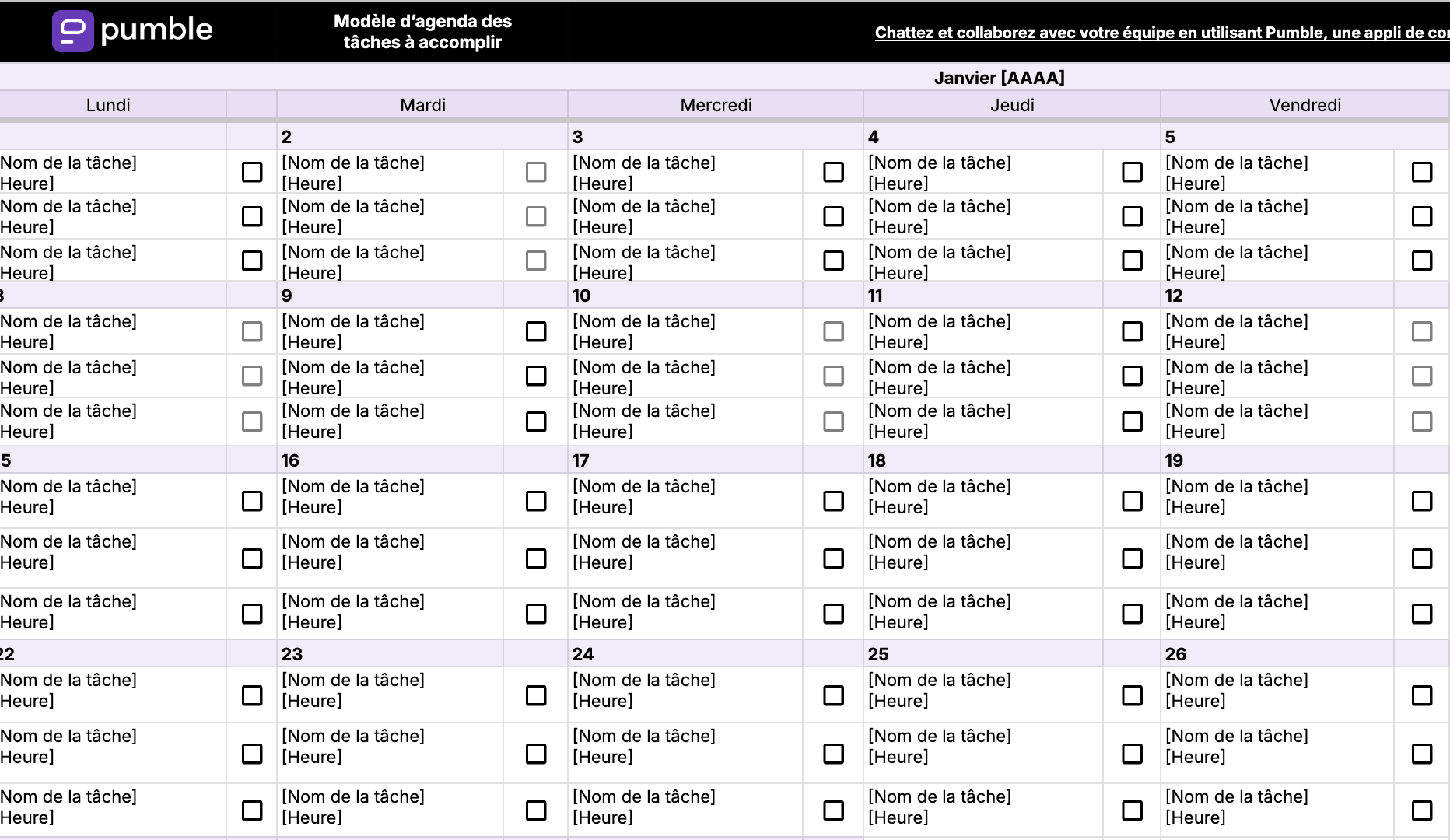 Modèle d'agenda des tâches à accomplir Google Sheets