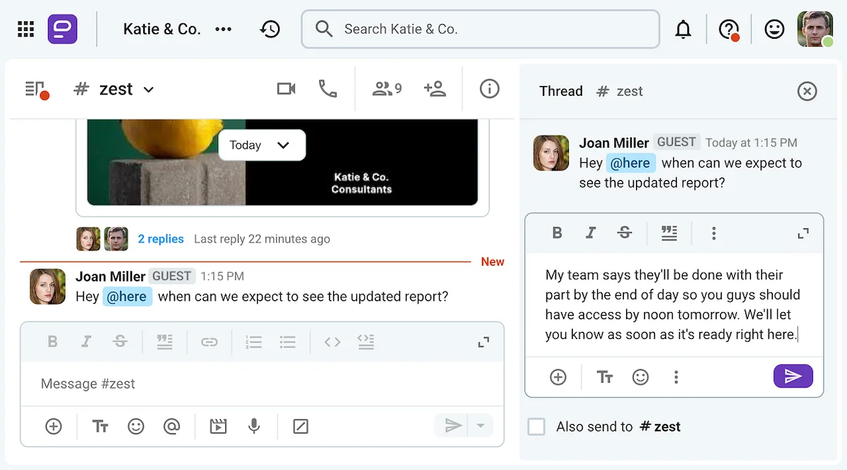 A client representative asks for an update in Pumble, a business messaging app