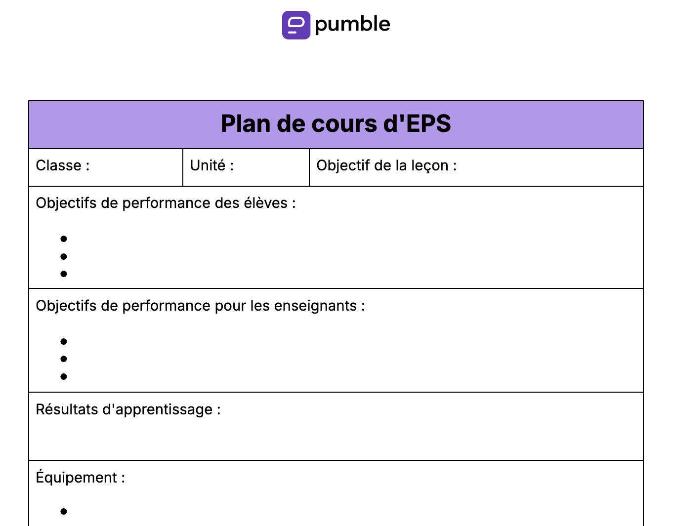 Modèle de plan de cours d'EPS