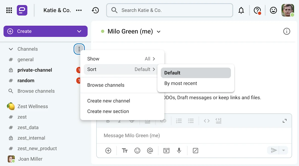 Organize your sidebar with channels and unique sections on Pumble, a business messaging app
