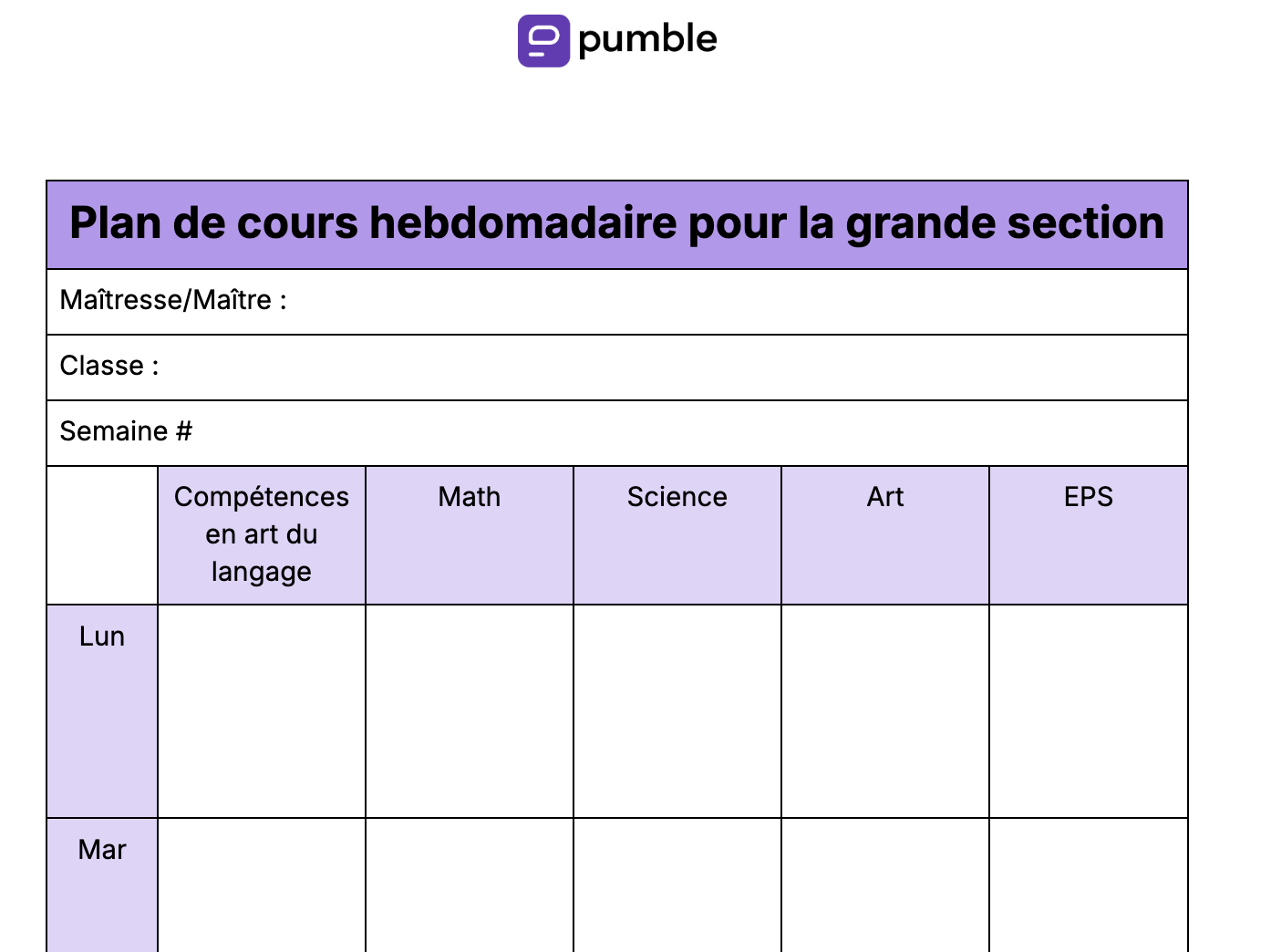 Plan de cours hebdomadaire pour la grande section maternelle