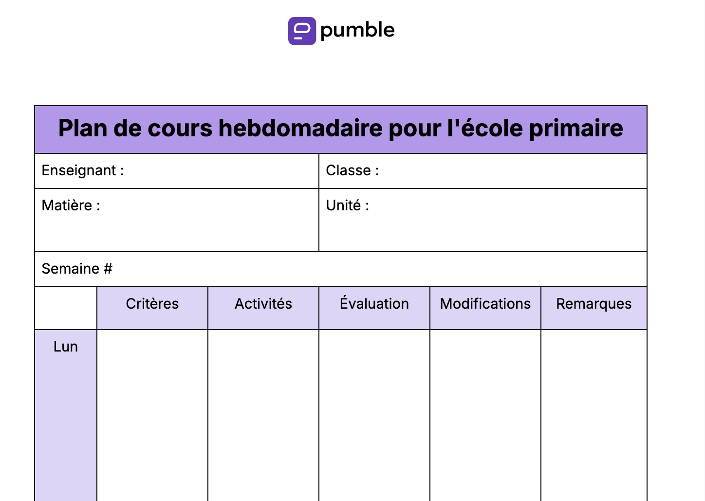 Plan de cours hebdomadaire pour l'école primaire