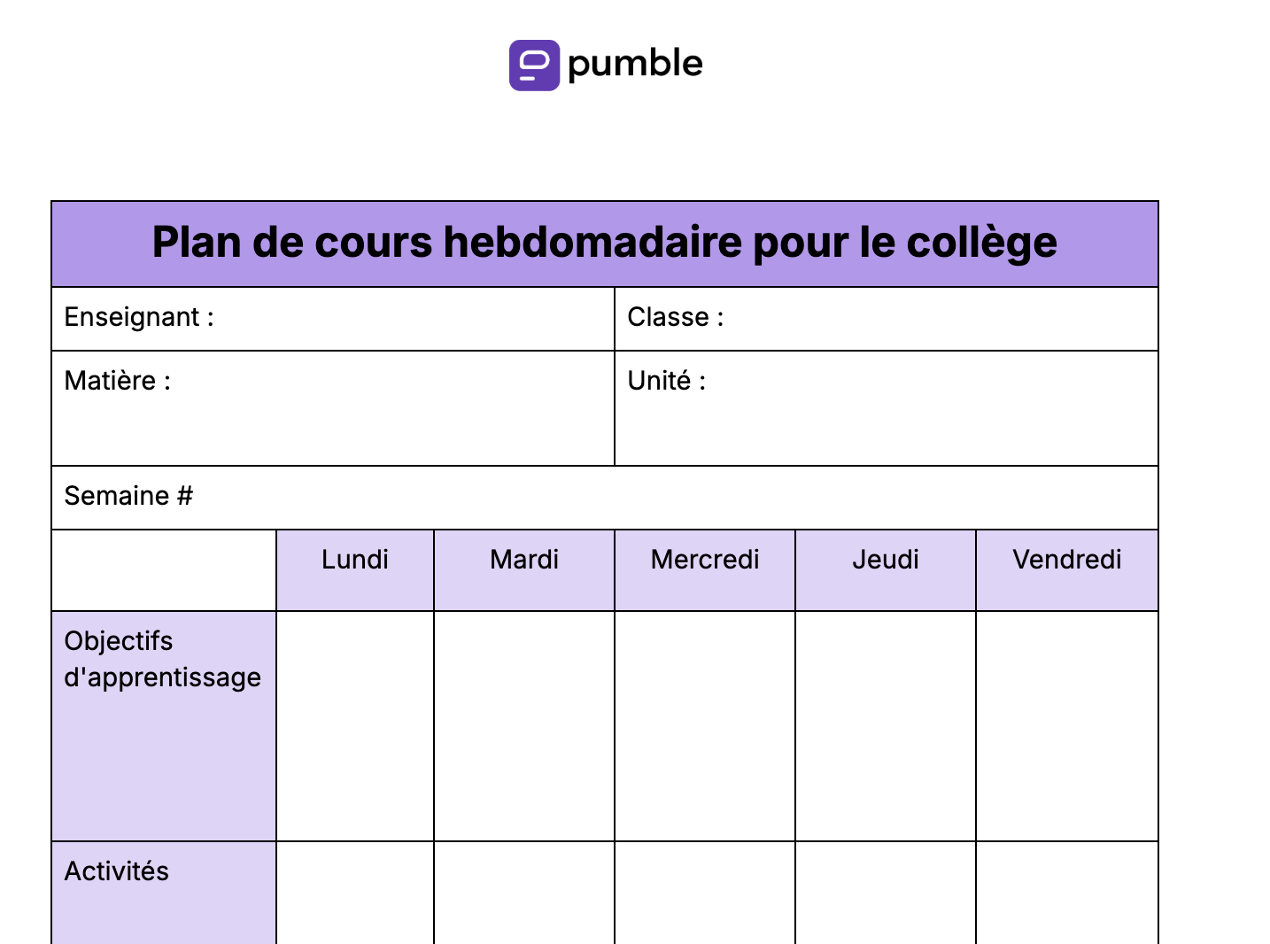Plan de cours hebdomadaire pour le collège