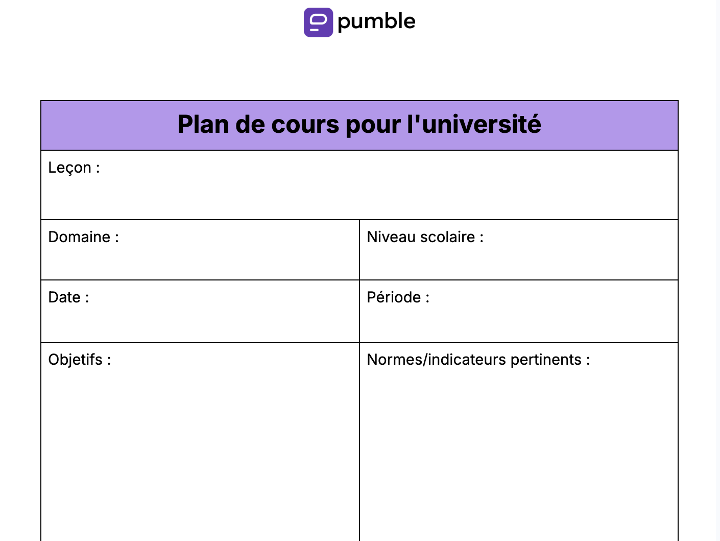 Plan de cours pour l'université