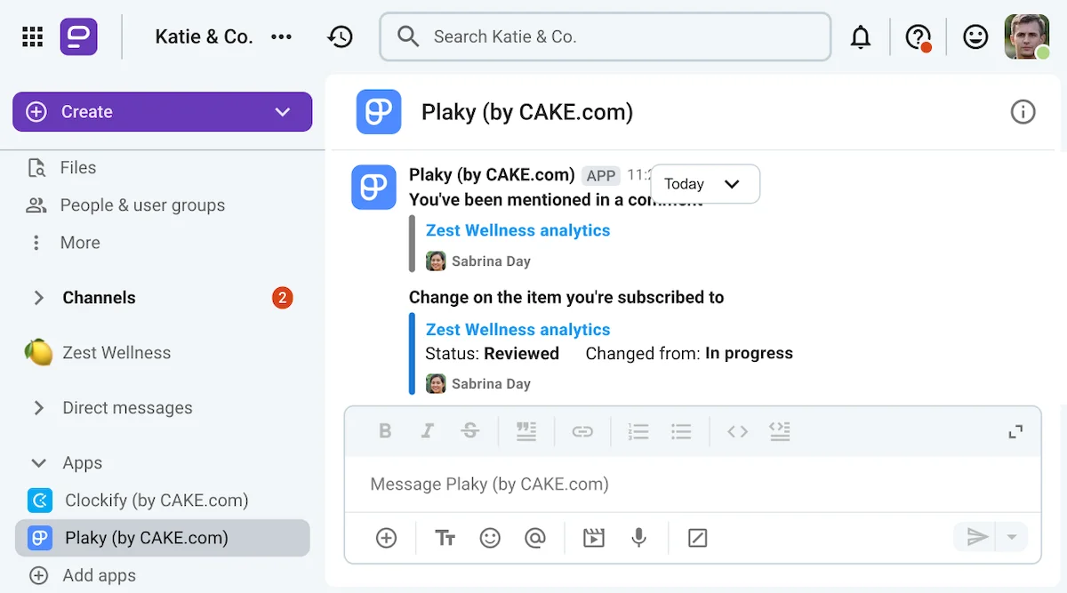 See new developments through the Plaky integration in Pumble, a team communication app