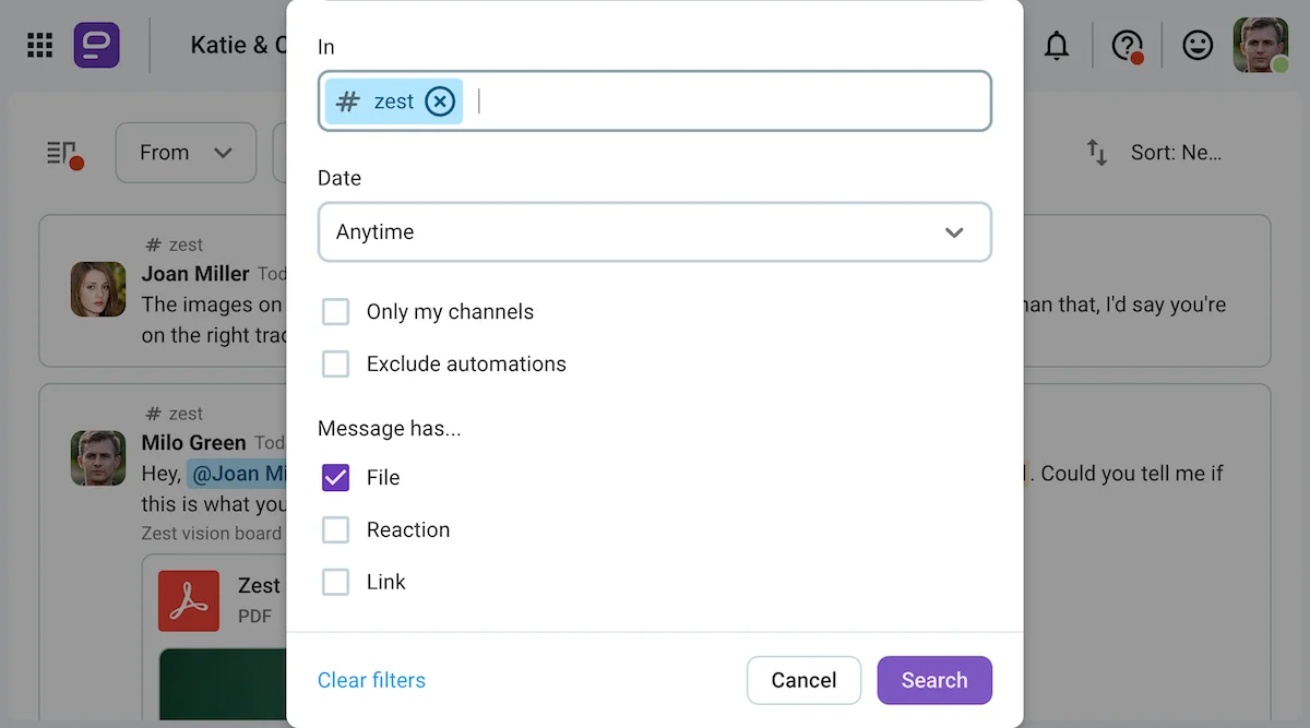 Some of the search filters in Pumble, a business messaging app