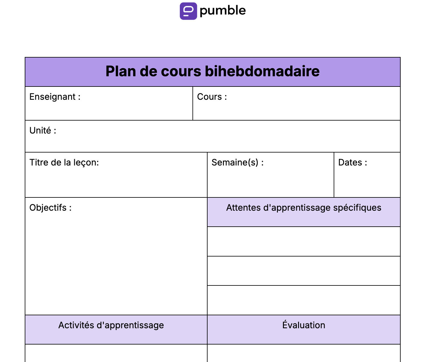 Plan de cours bihebdomadaire