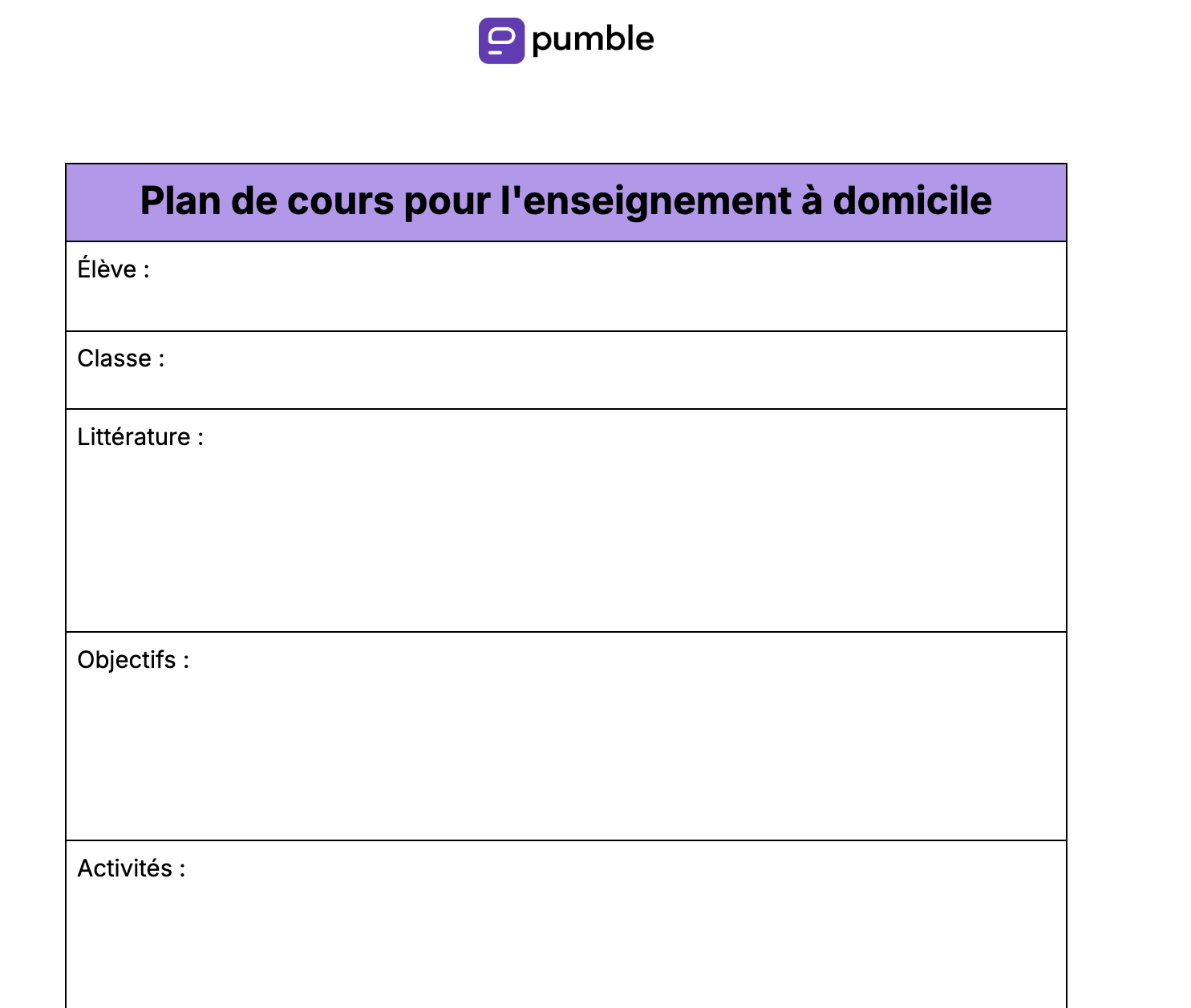 Plan de cours pour l'enseignement à domicile
