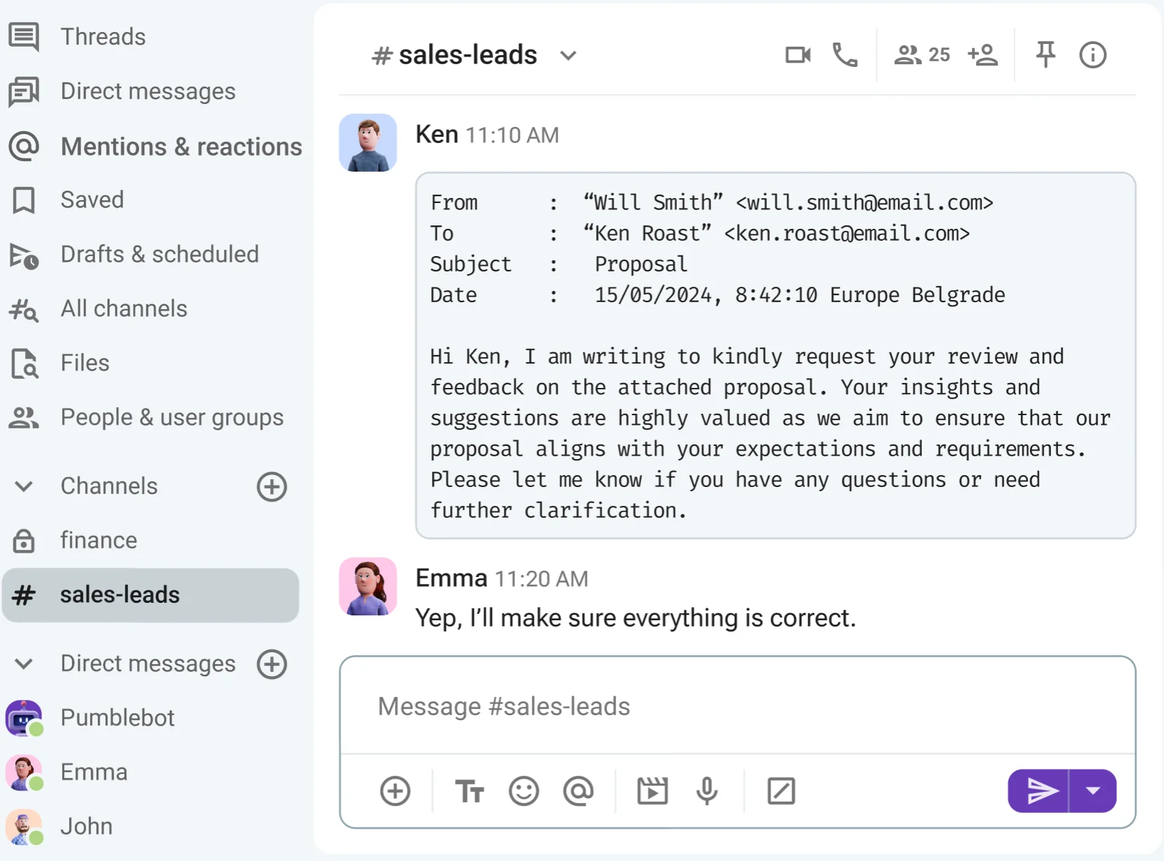 Forward emails to Pumble