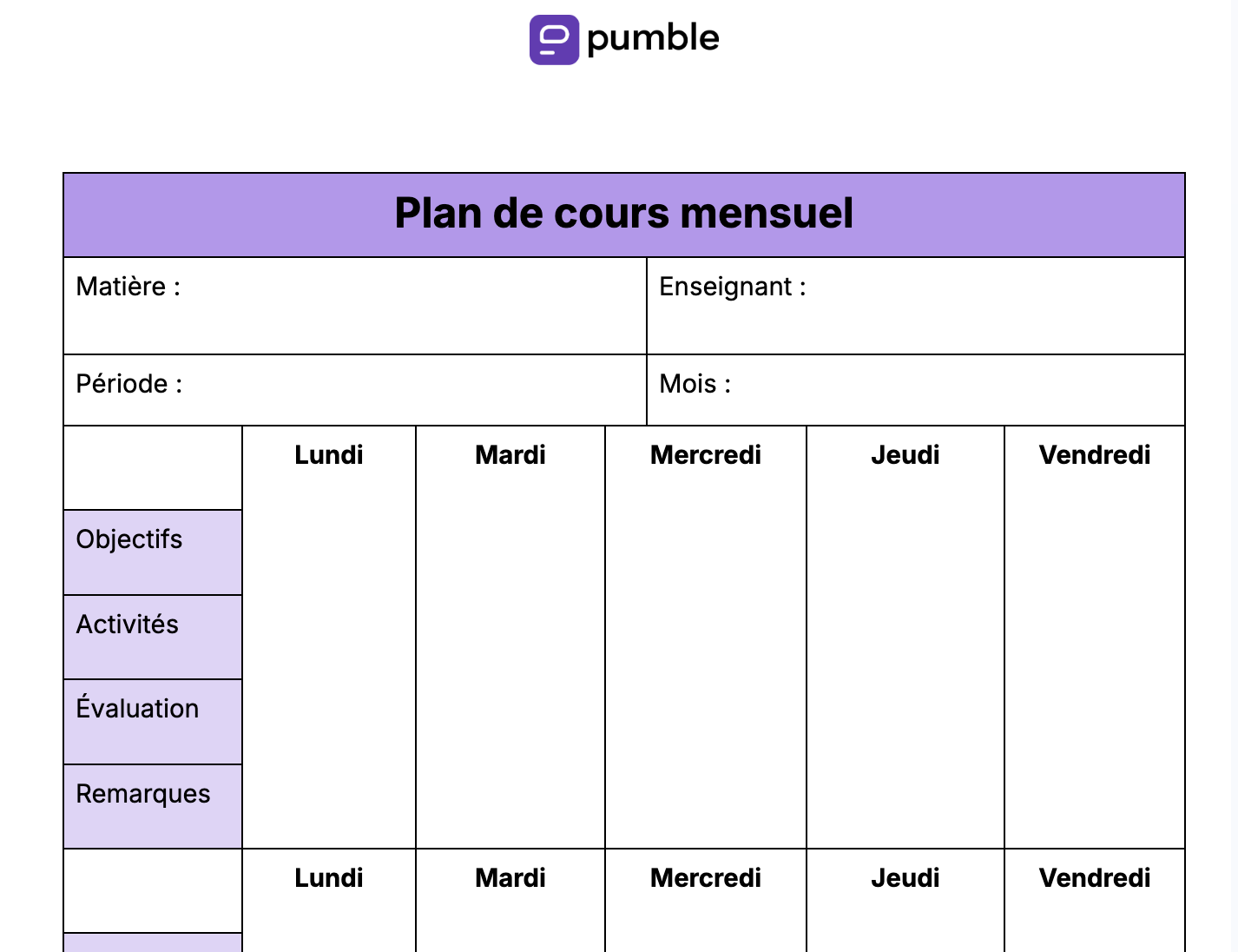Plan de cours mensuel