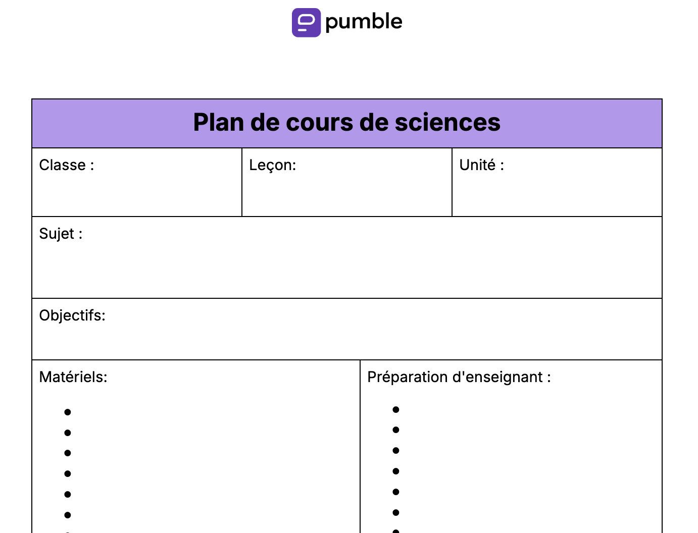 Plan de cours de sciences