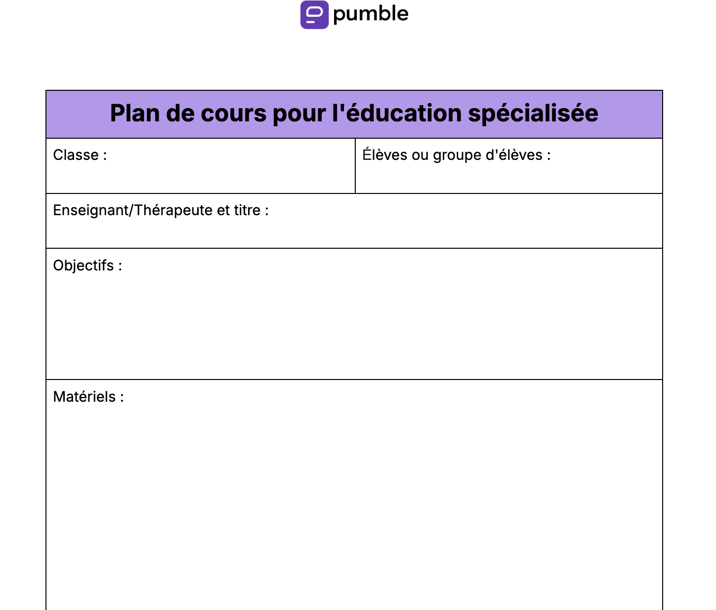 Plan de cours pour l'éducation spécialisée