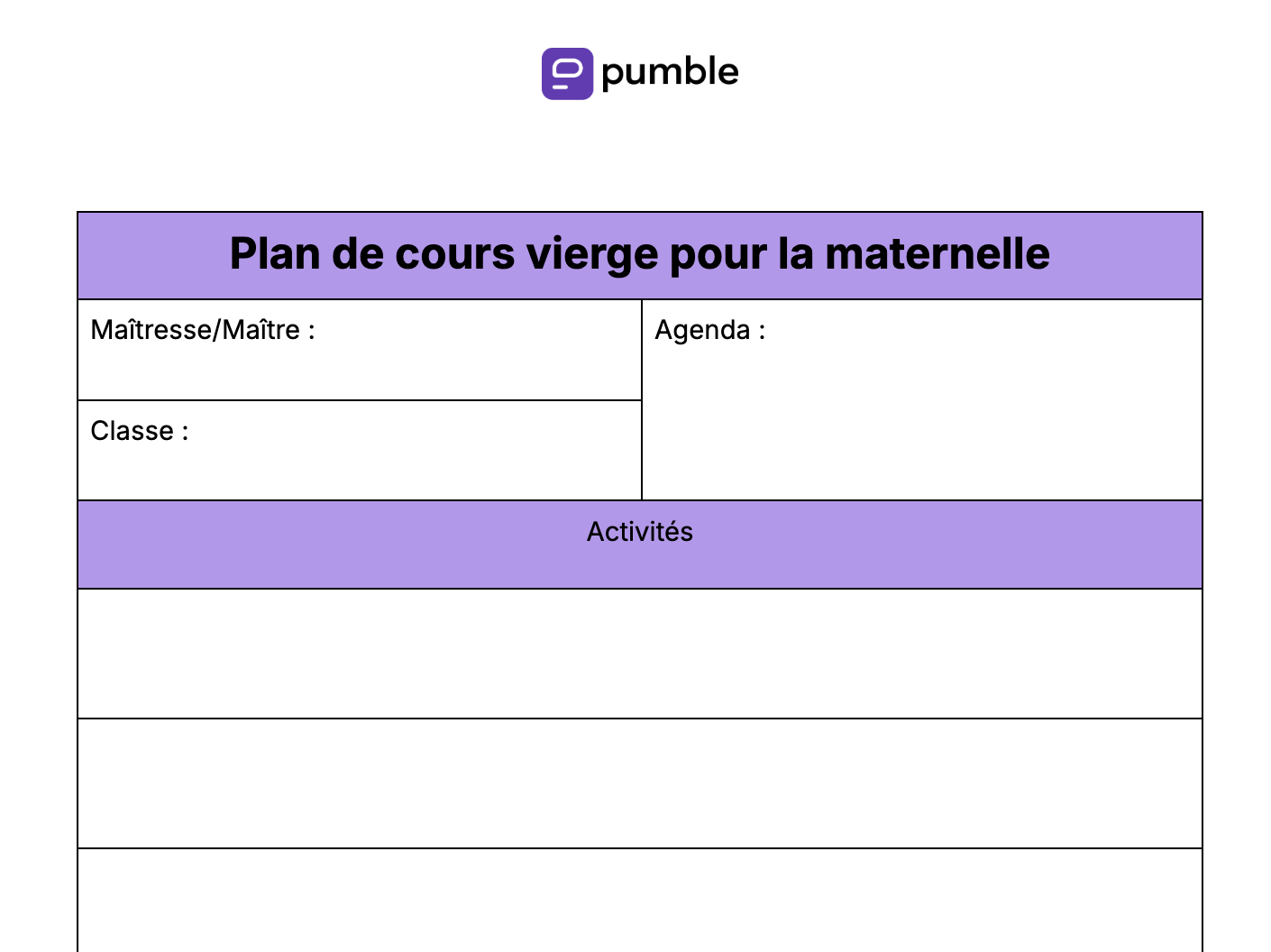 Plan de cours vierge pour l'école maternelle