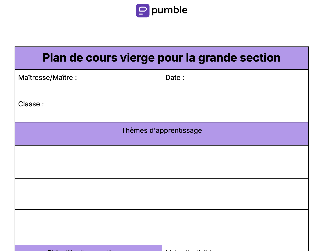 Plan de cours vierge pour la grande section maternelle