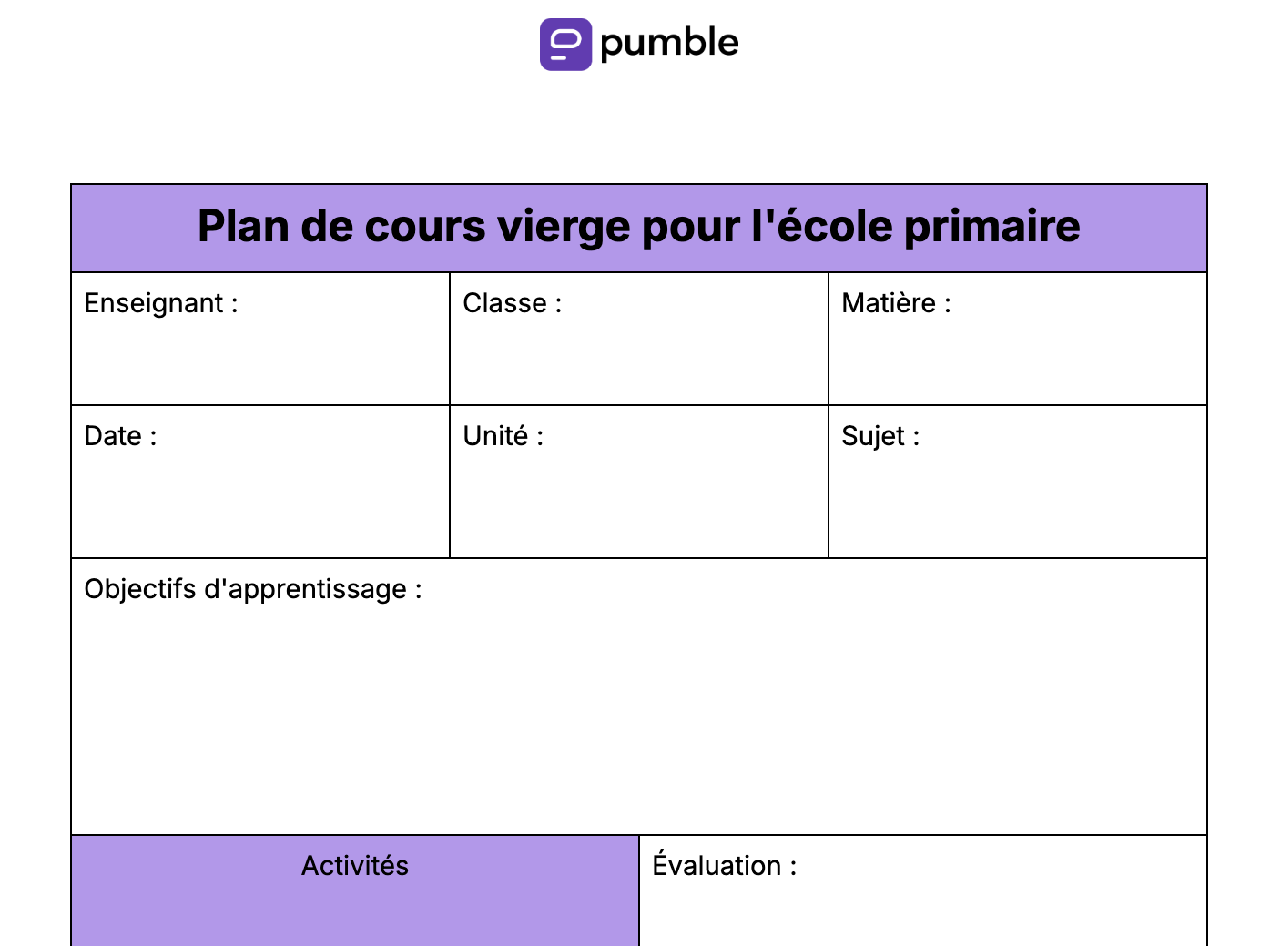 Plan de cours vierge pour l'école primaire