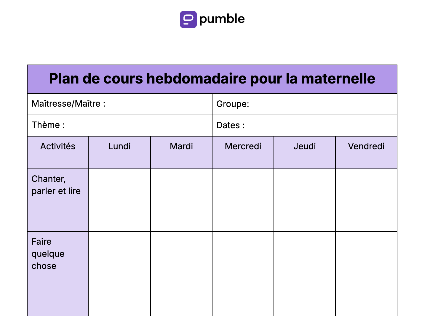 Plan de cours hebdomadaire pour l'école maternelle