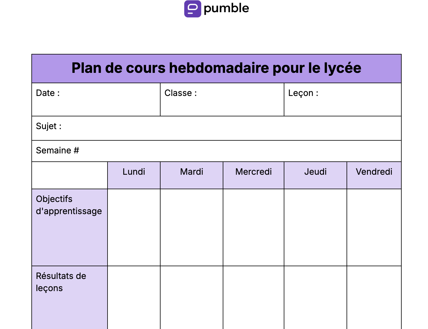 Plan de cours hebdomadaire pour le lycée