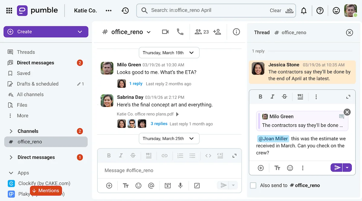 After finding an old thread, Milo uses a quote reply to ask for a status report on Pumble, a team communication app