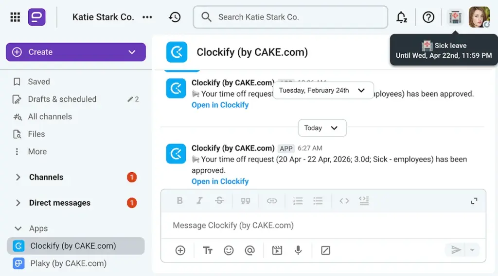 An approved sick leave in Clockify automatically applies a sick leave status in Pumble, a business messaging app